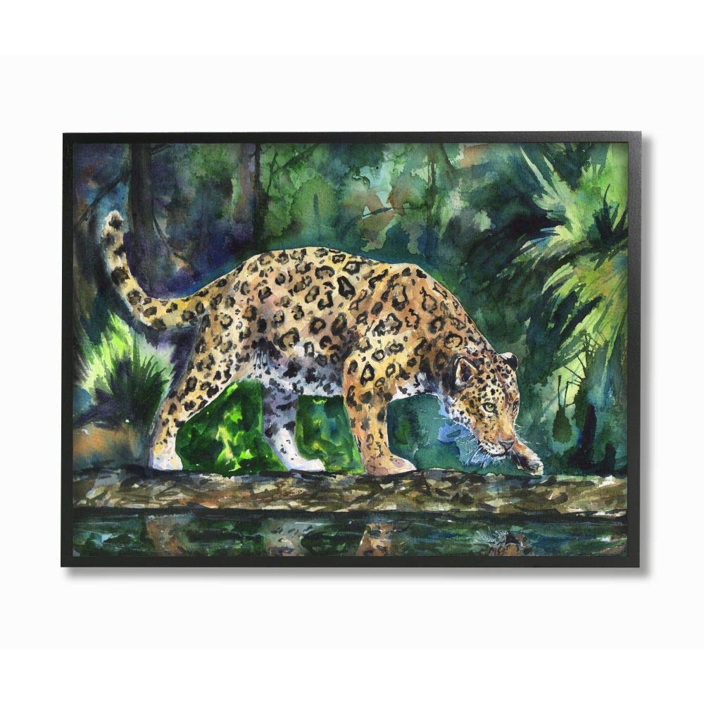 Stupell Industries Jaguar Large Cat Animal Green Watercolor Painting - Wall Art Decor for Living Room, Bedroom & Office