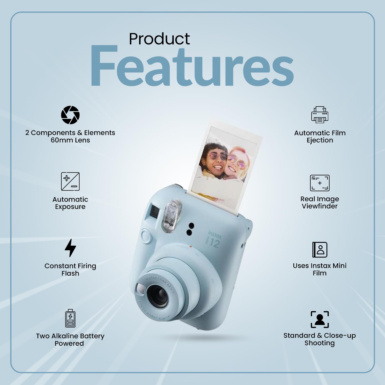 FujiFilm INSTAX Mini 12 Instant Camera (2024 Model) - Pastel Blue Holiday Bundle with 4 AA Batteries & Microfiber Cleaning Cloth | Perfect for Travel, Parties, and Memory Keeping