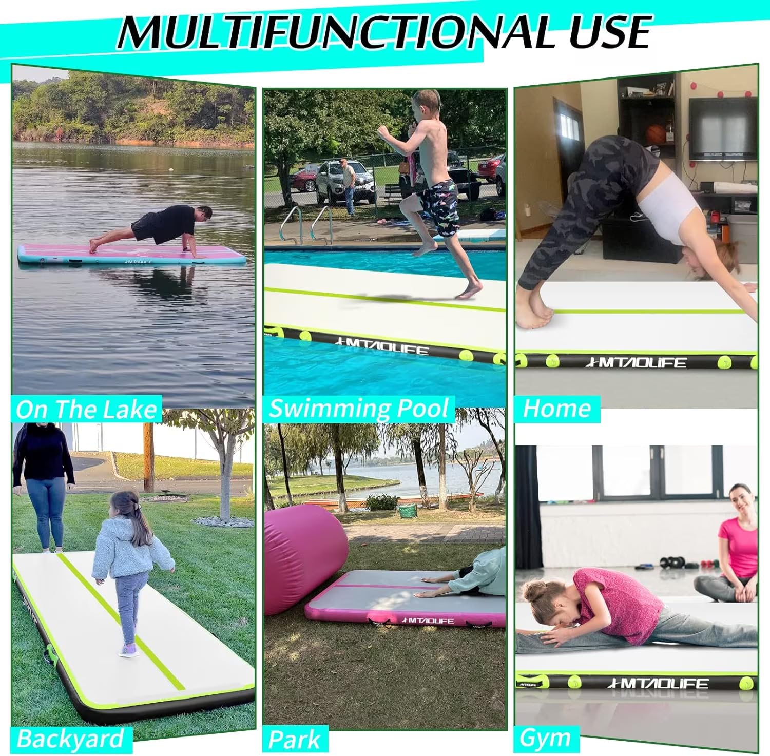 Inflatable Gymnastics Air Track Mat - 6.6/10/13/16/20ft Tumbling Mat for Kids & Adults - 4/8 Inch Thickness with Pump - Perfect for Home Gym, Yoga, Cheerleading, Gymnastics Training & Backyard Play