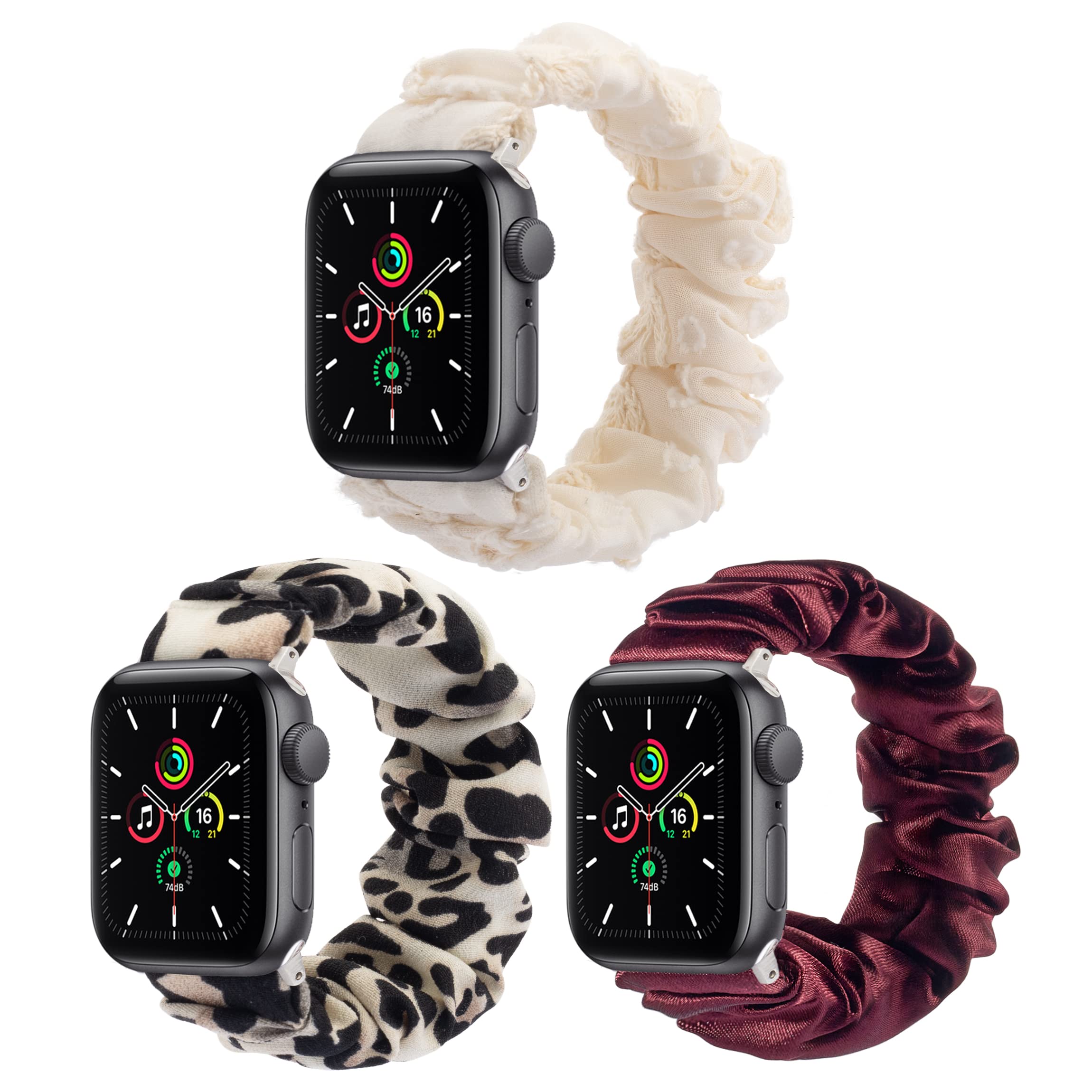 Compatible Apple Watch Band 38mm 40mm 41mm 42mm 44mm 45mm - Stretchy Elastic Scrunchie Wristband for Women - iWatch Series SE 1 2 3 4 5 6 7 - 3 Pack Cute Bracelet Strap - Perfect for Workouts, Yoga, Running & Everyday Fashion Accessory