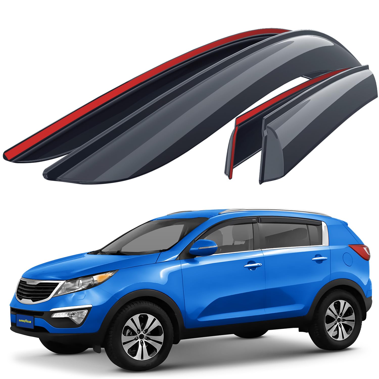 Goodyear Shatterproof Side Window Deflectors for Kia Sportage 2011-2016 - Tape-on Rain Guards & Vent Visors - 4pc Car Accessories for Weather Protection & Improved Airflow - Perfect for Rainy Days & Highway Driving