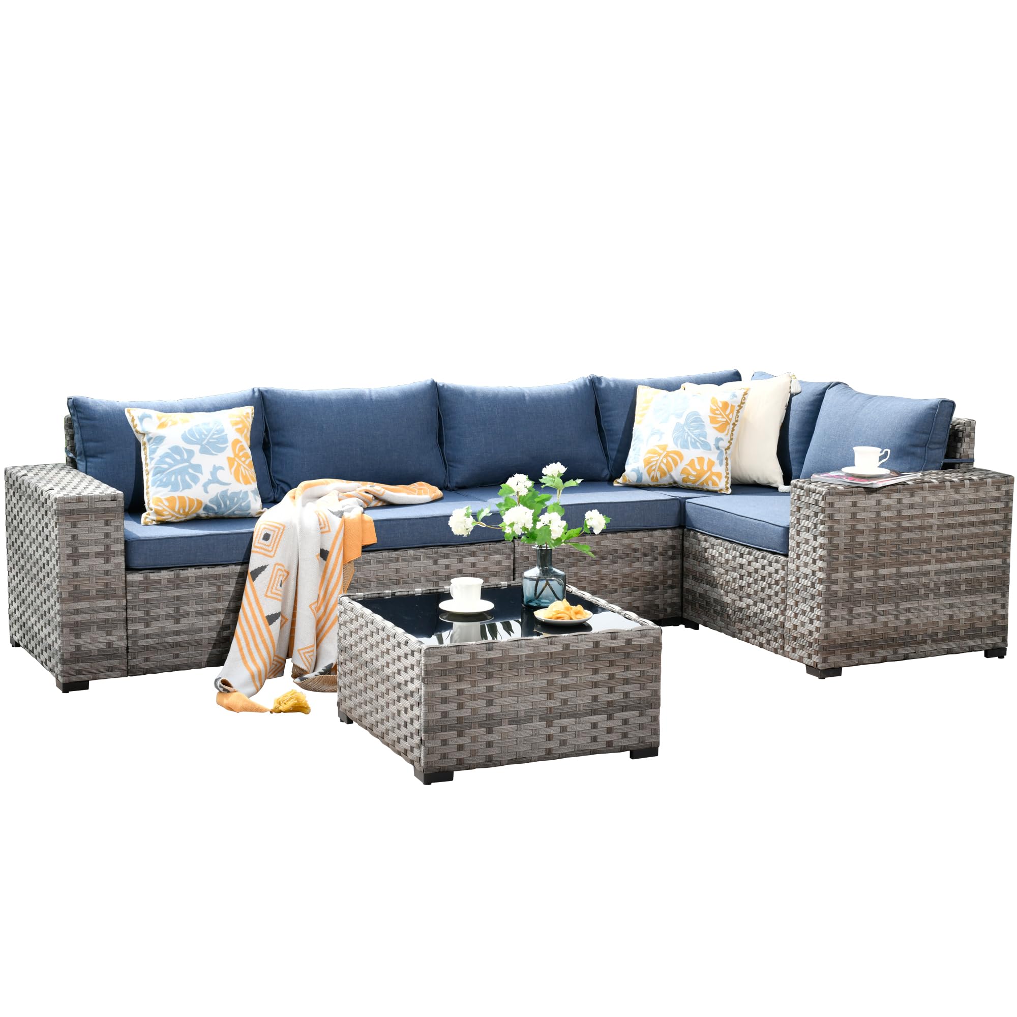 6-Piece Outdoor Patio Furniture Set - Modern Modular Wicker Rattan Sectional Sofa with Deep Seats & Comfy Cushions in Denim Blue - Perfect for Backyard, Garden, Poolside & Deck Relaxation