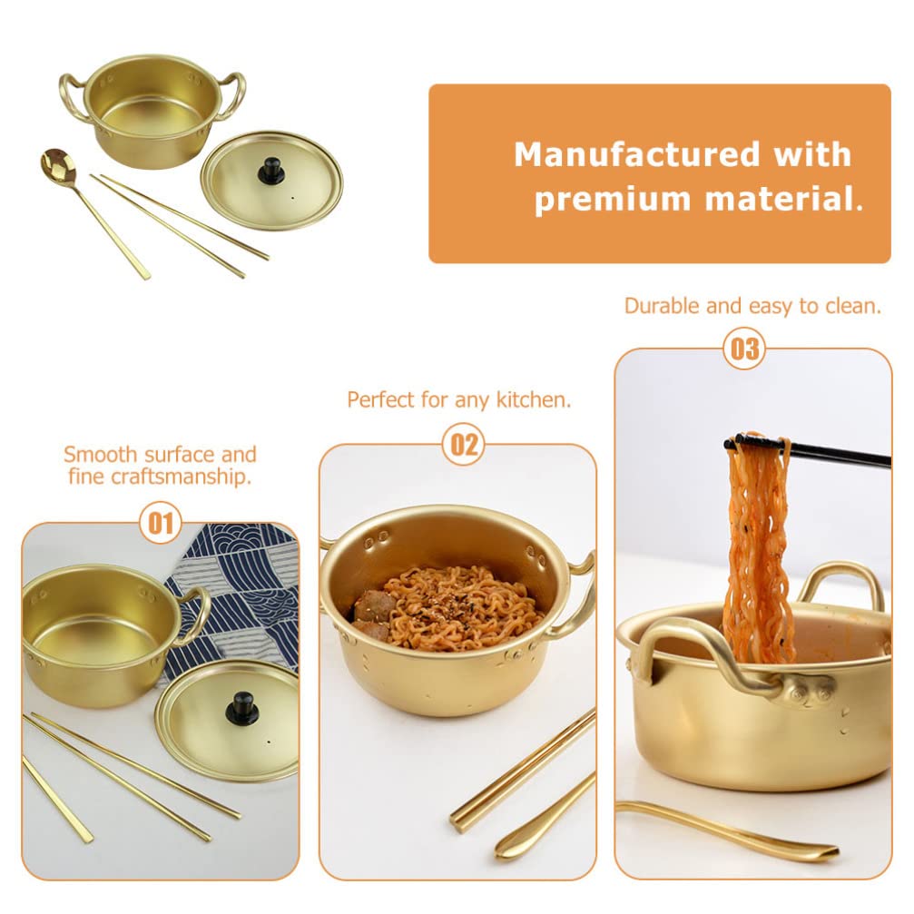 Korean Instant Noodle Pot Set - Golden Aluminum Cookware with Spoon | Hemoton Multifunctional Kitchen Accessories for Home, Picnic & Camping | Durable Korean-Style Cookware for Ramen, Soup & Hot Pot