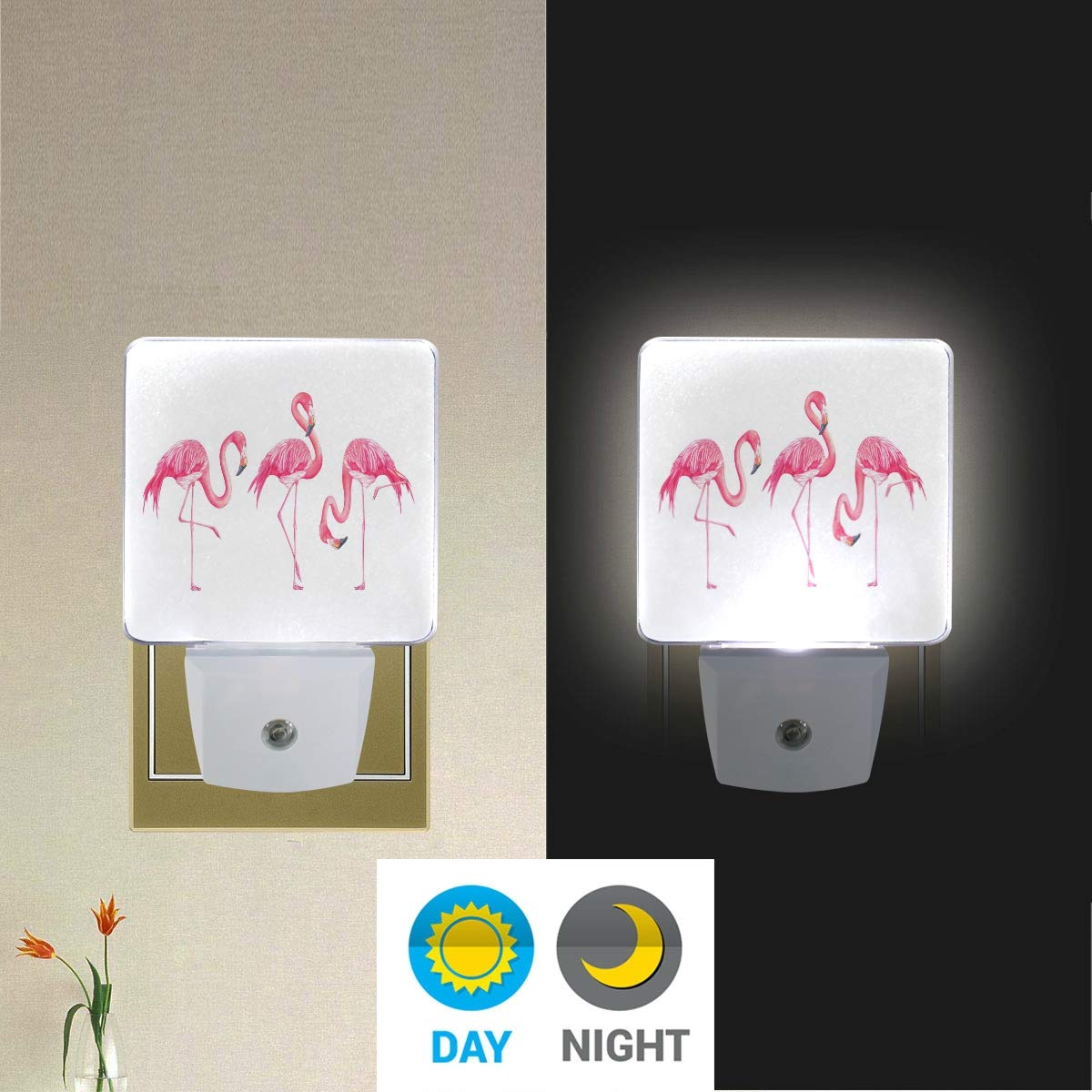 Vikko 2 Pack Pink Flamingo LED Night Light with Dusk to Dawn Sensor - Cute Plug-in Lamp for Kids & Adults - Perfect for Bedroom, Nursery, Living Room, Hallway, Bathroom - Energy Efficient Home Decor Nightlight