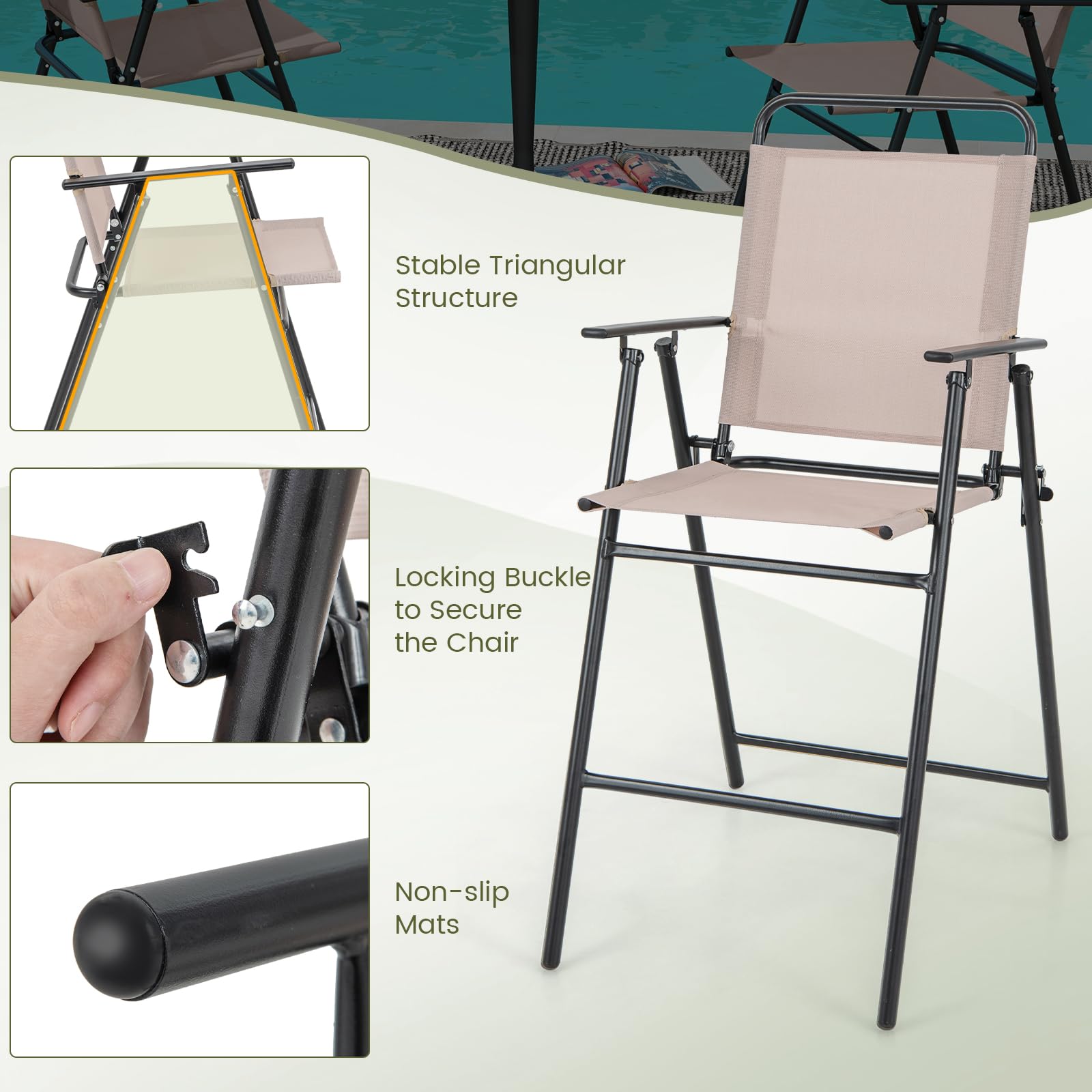 Giantex Outdoor Folding Bar Chair Set of 2 - Patio Bar Stools with Backrest, Armrests & Footrest - Heavy Duty 330 LBS Capacity Metal Frame Bar-Height Chairs for Backyard, Poolside, Balcony, Deck - Perfect for Outdoor Dining, Entertaining & Relaxation