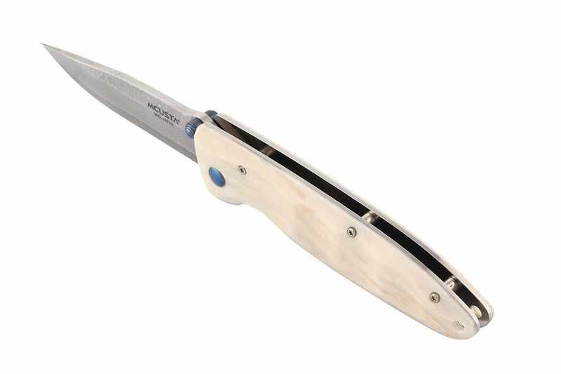 Mcusta Classic Wave VG-10 Core Damascus Folding Knife with White Corian Handle - 4.37