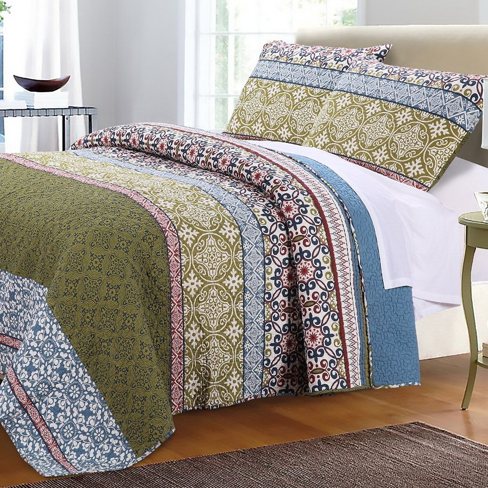 Boho Bohemian Quilt Set with Shams - Geometric Mandala Pattern in Blue & Green - 100% Cotton Luxury Reversible 3-Piece Bedding for Full/Queen Size - Perfect for Bohemian Bedroom Decor, Guest Room & Cozy Home Styling