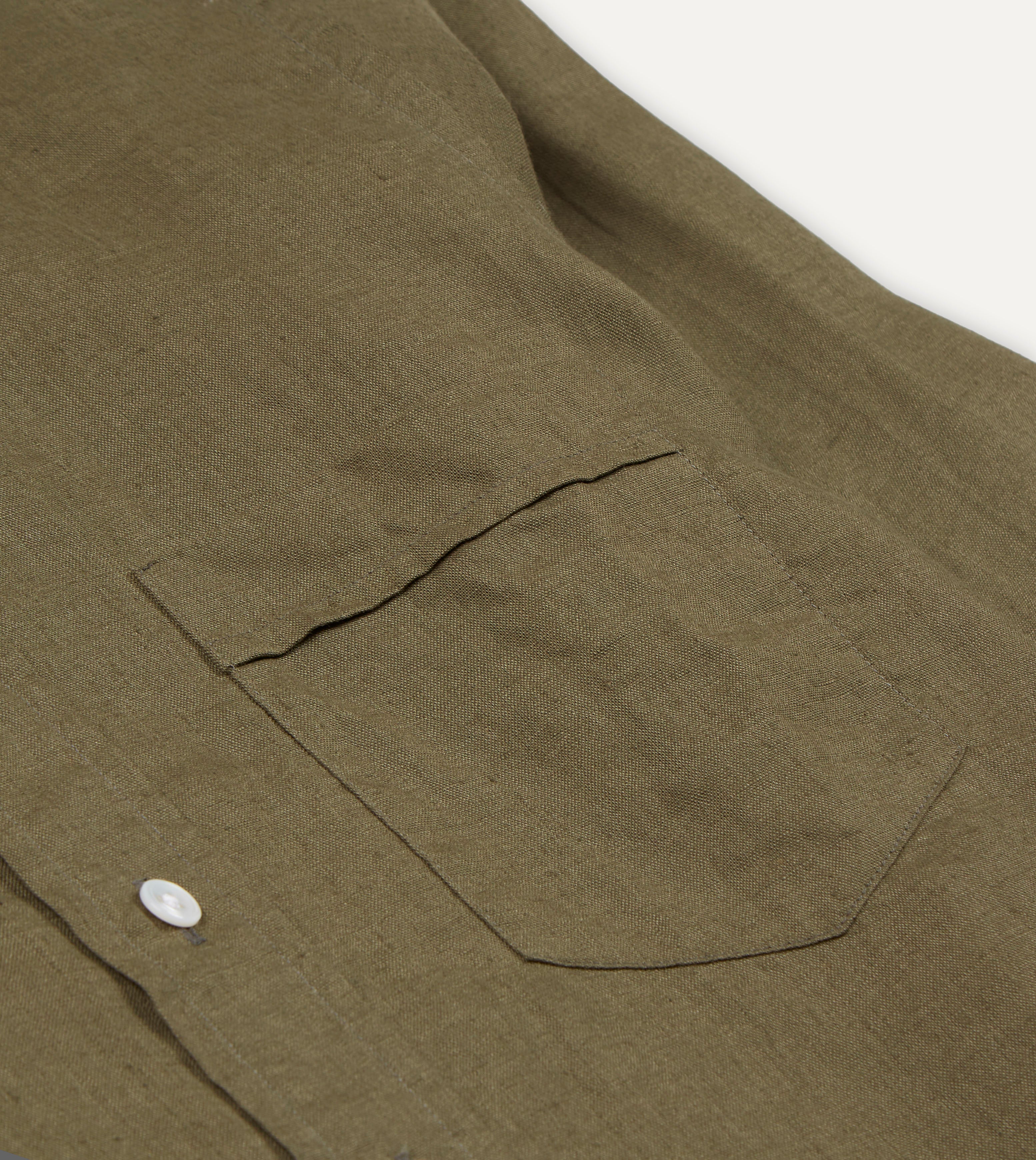 Khaki Green Linen Spread Collar Shirt for Men - Breathable Casual Button Down Shirt for Summer, Office, and Outdoor Activities