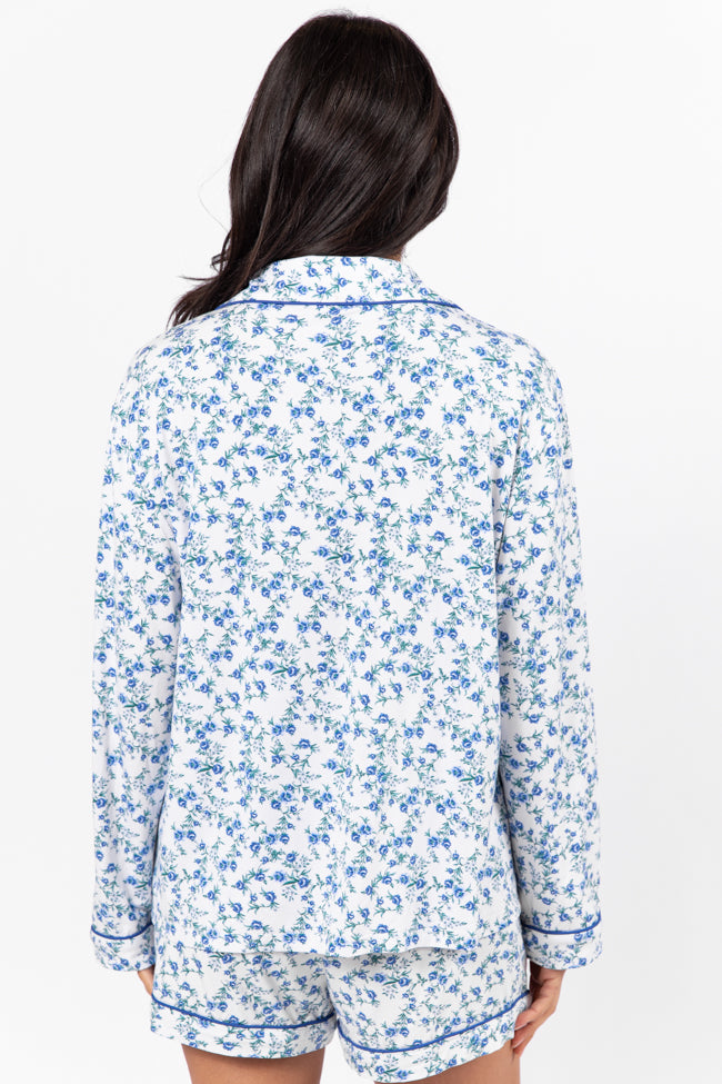 Under The Stars Blue Floral Pajama Top for Women - Soft Sleepwear & Lounge Shirt - Perfect for Nighttime Comfort, Relaxing at Home or Gift Giving