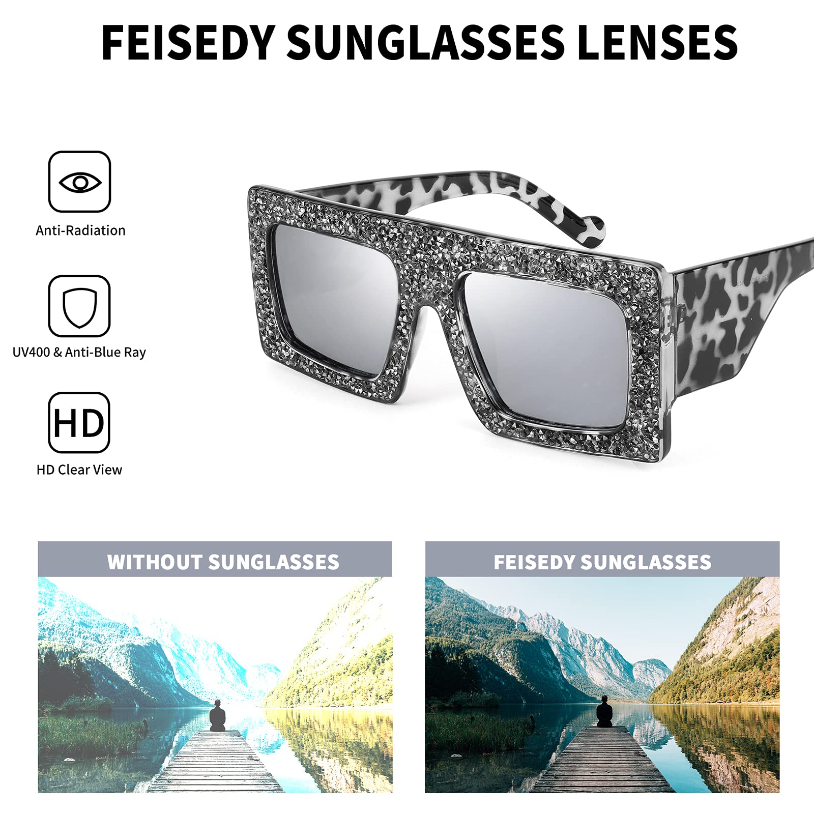 FEISEDY Women's Square Thick Frame Sparkling Rhinestone Crystal Sunglasses - Trendy Bling Fashion Accessory for Summer Outfits, Beach Vacations & Party Wear (B4038)