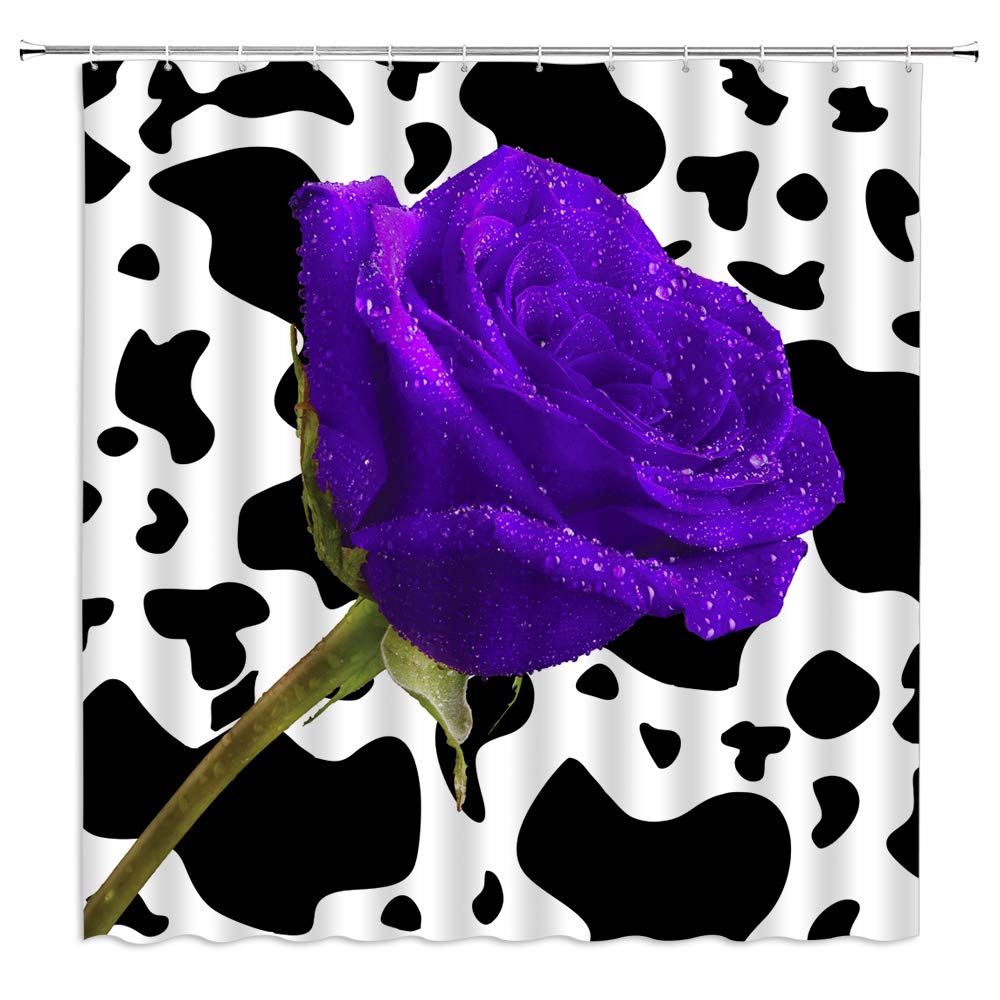 AMHNF Black & White Cowhide Print with Purple Rose Floral Shower Curtain - Funny Rustic Bathroom Decor Fabric Curtain with Hooks - Perfect for Farmhouse, Vintage, or Bohemian Style Bathrooms
