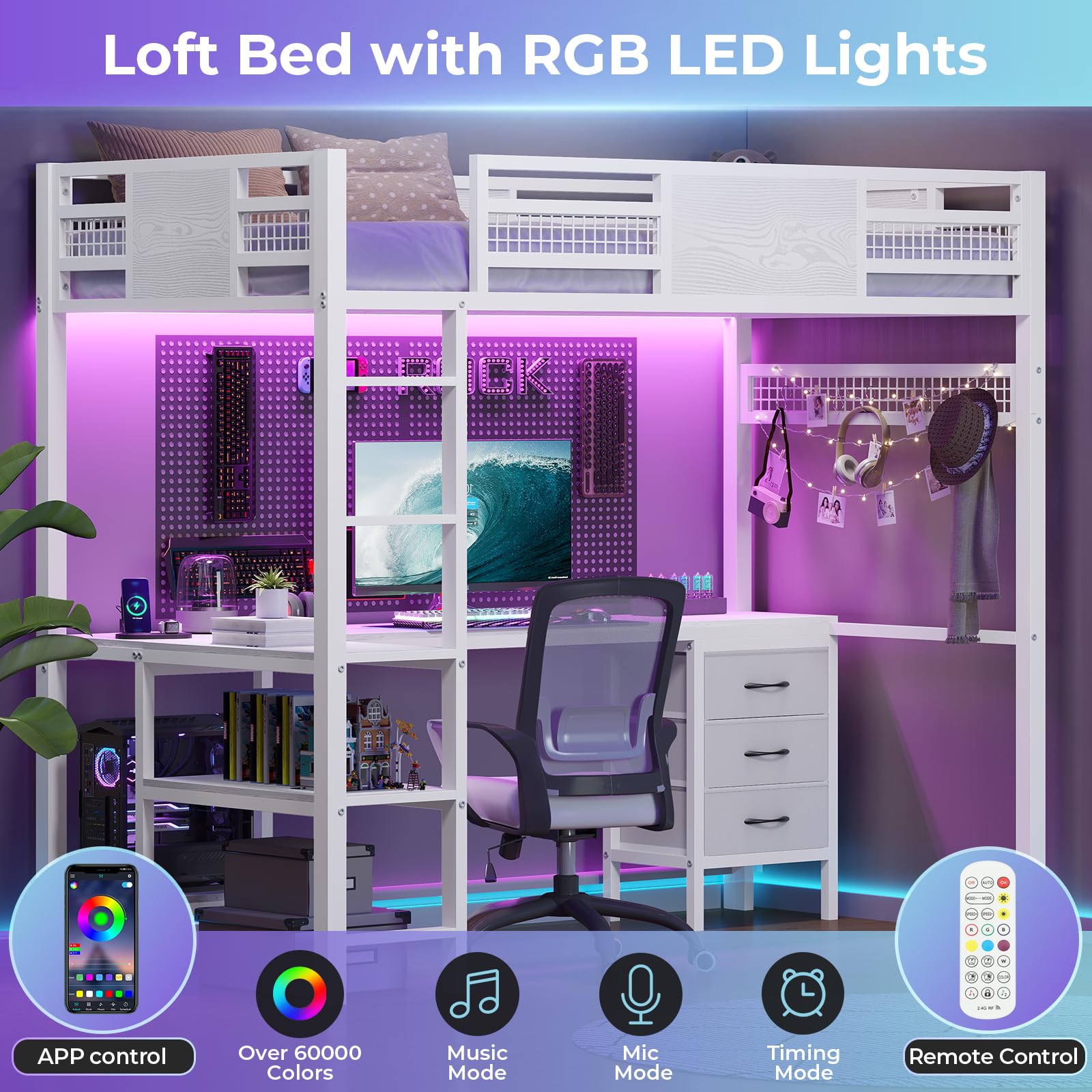 Twin Loft Bed with L-Shaped Desk & LED Lights - Metal Twin Size Bed Frame with Charging Station, 3 Fabric Drawers & 2-Tier Storage Shelves - Safety Guard & Ladder Included - No Box Spring Needed - Perfect for Small Bedrooms, Dorm Rooms & Kids' Rooms
