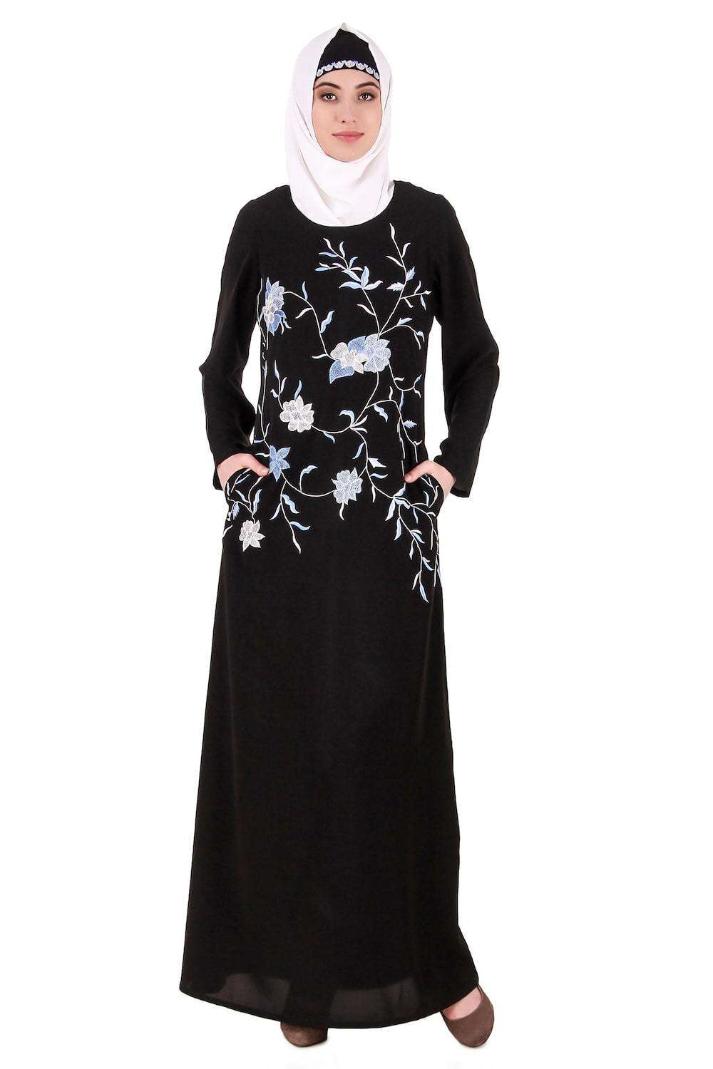 Elegant Black Nida Abaya with Leaf and Flower Embellishments - Perfect for Islamic Prayer, Eid Celebrations & Modest Fashion