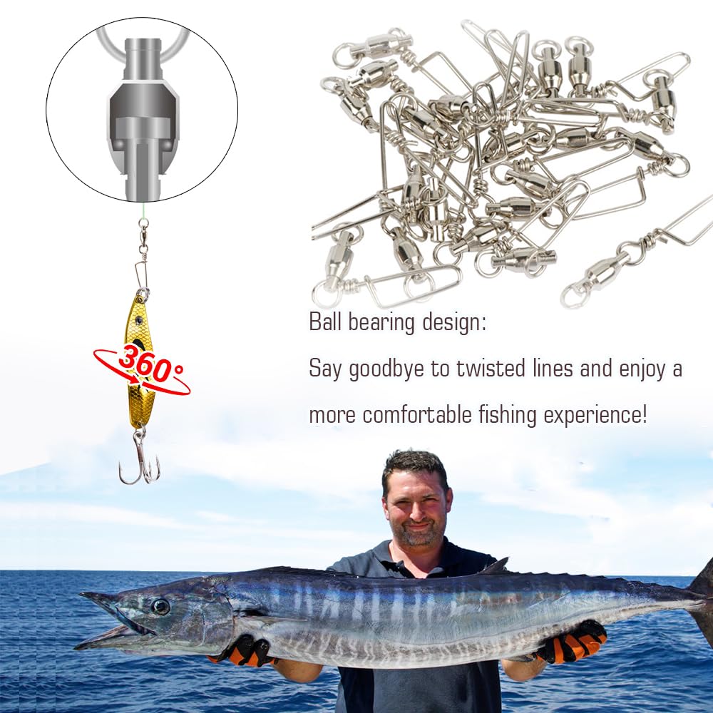 AMYSPORTS High Strength Fishing Snap Swivels - Ball Bearing Swivels with Stainless Steel Construction & Saltwater Corrosion Resistance - Barrel Swivel for Freshwater, Saltwater Fishing - Perfect for Lure Rigging, Trolling & Offshore Angling