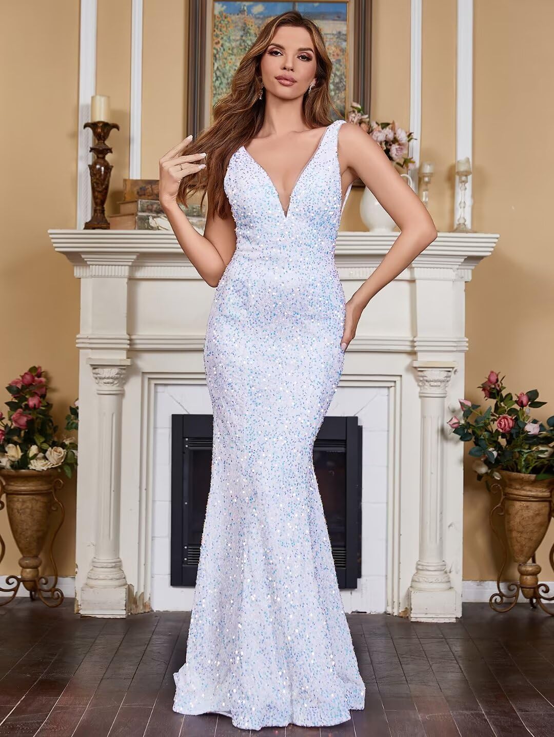 Sparkly Sequin Prom Dresses for Women - Long Deep V-Neck Sexy Mermaid Formal Evening Gown with Backless Design in Lavender (Size US12) | Perfect for Homecoming, Cocktail Parties, and Special Occasions