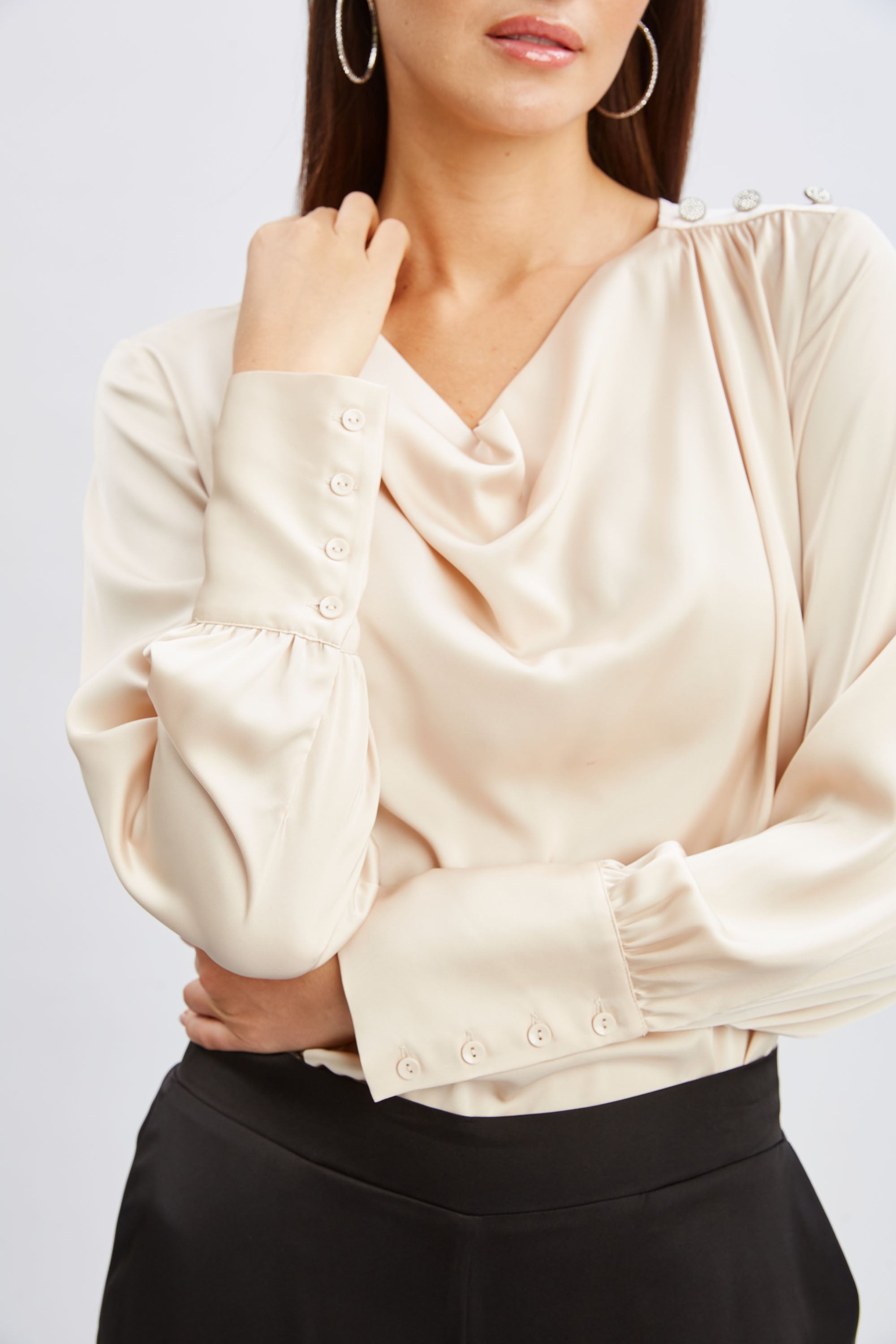 Tahari Women's Satin Cowl Neck Jewel Embellished Blouse - Elegant Evening Wear for Parties & Special Occasions