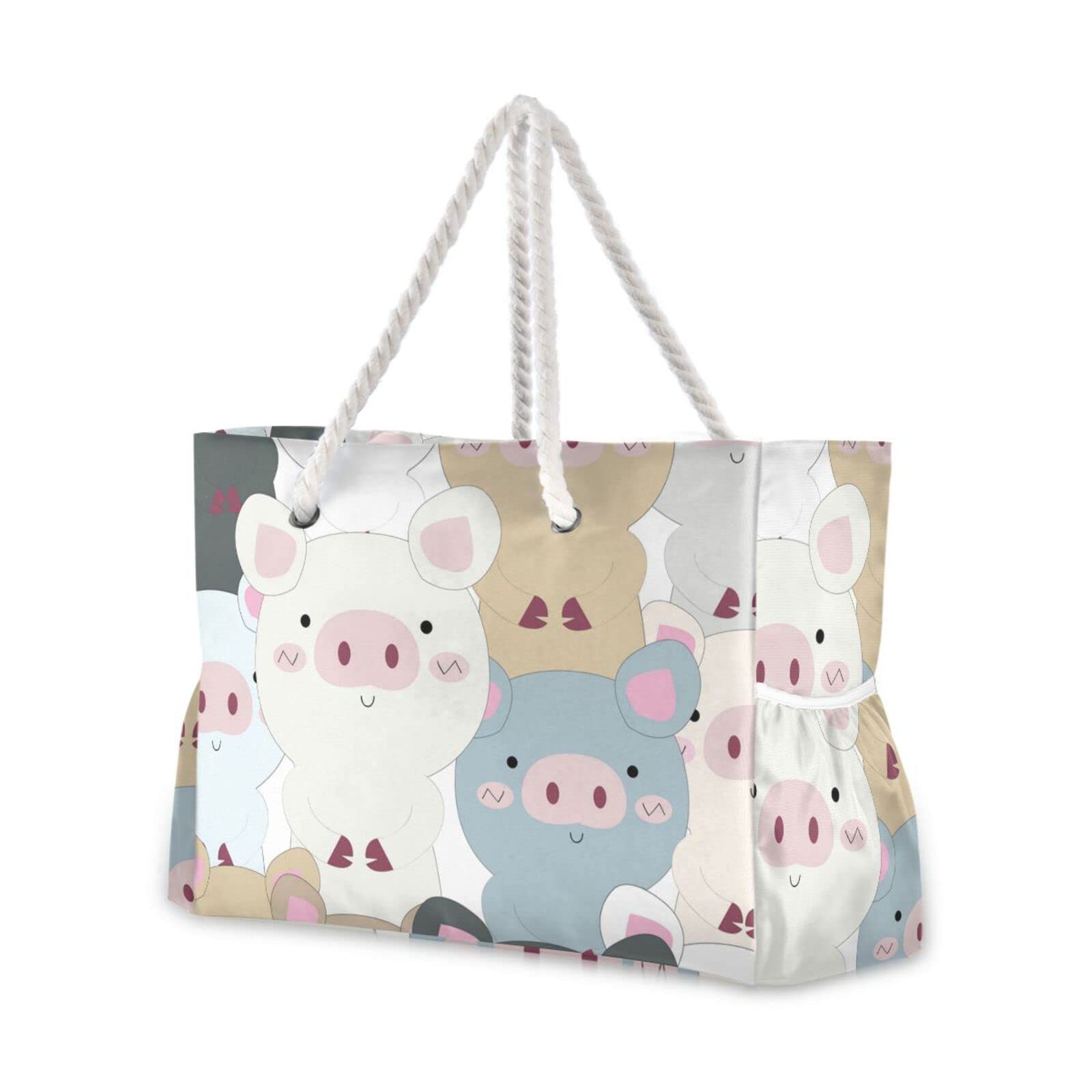 Vikko Vintage Doodle Cartoon Cute Pig Beach Bag - Large Waterproof Travel Tote Bag with Zipper for Women & Girls - Perfect for Pool, Beach Vacation & Summer Outings