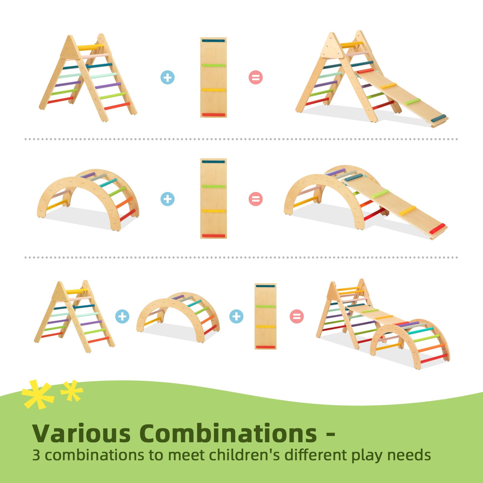 TOOKYLAND 3-in-1 Rainbow Climbing Toy Set for Toddlers - Sturdy Wooden Indoor Play Gym, Montessori Climbing Triangle with Ramp & Rocker - Safe Toddler Play Equipment for Home, Daycare & Preschool