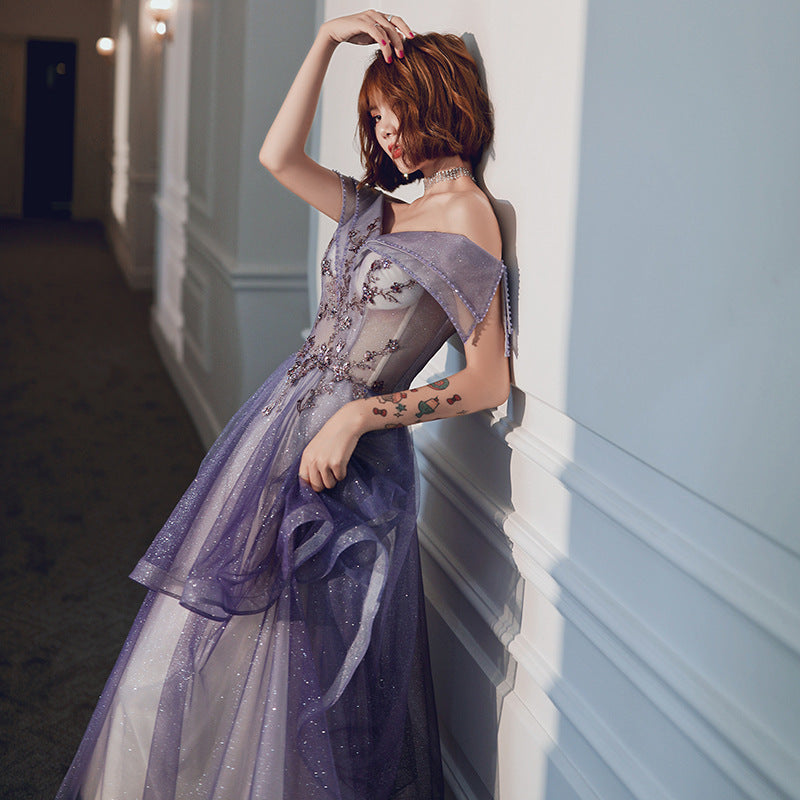 Elegant Off Shoulder Shiny Purple Prom Dress for Sweet 16 | A-Line Party Gown with Sparkle Details | Perfect for Homecoming, Quinceañera & Evening Events - Style 712