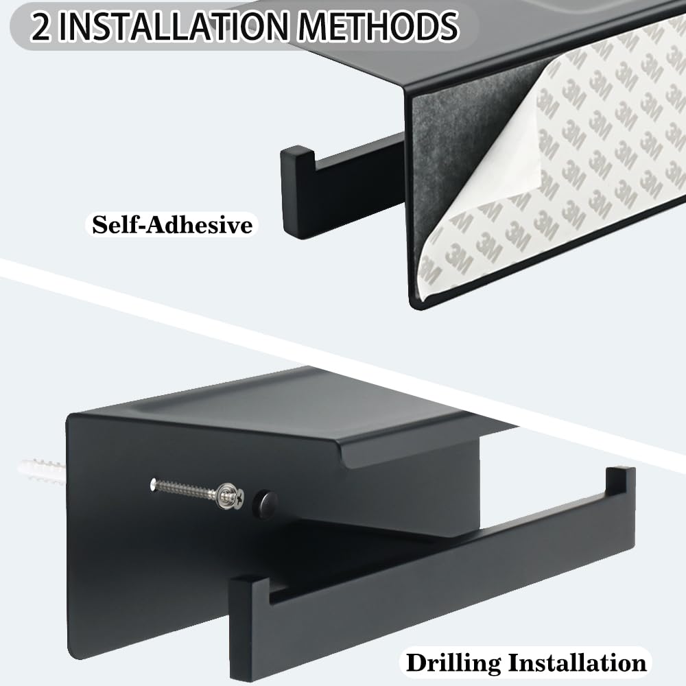 Stainless Steel Toilet Paper Holder with Shelf - SUS304 Bathroom Tissue Roll Dispenser, Wall Mount or Adhesive Installation, Matte Black - Perfect for Modern Bathrooms, Powder Rooms & RVs