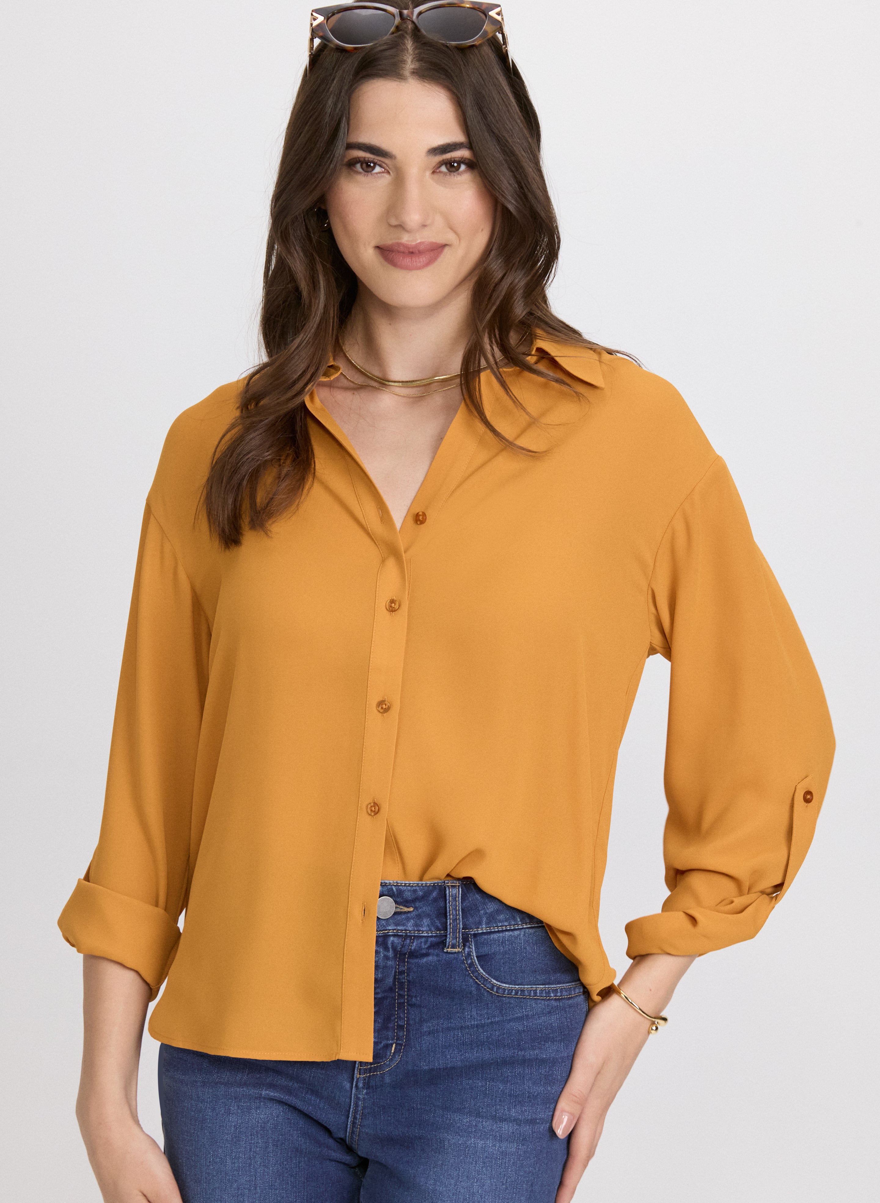 Elegant Crepe Button Down Blouse for Women - Soft & Flowy Office Wear & Casual Outfits | Perfect for Work, Dates & Special Occasions