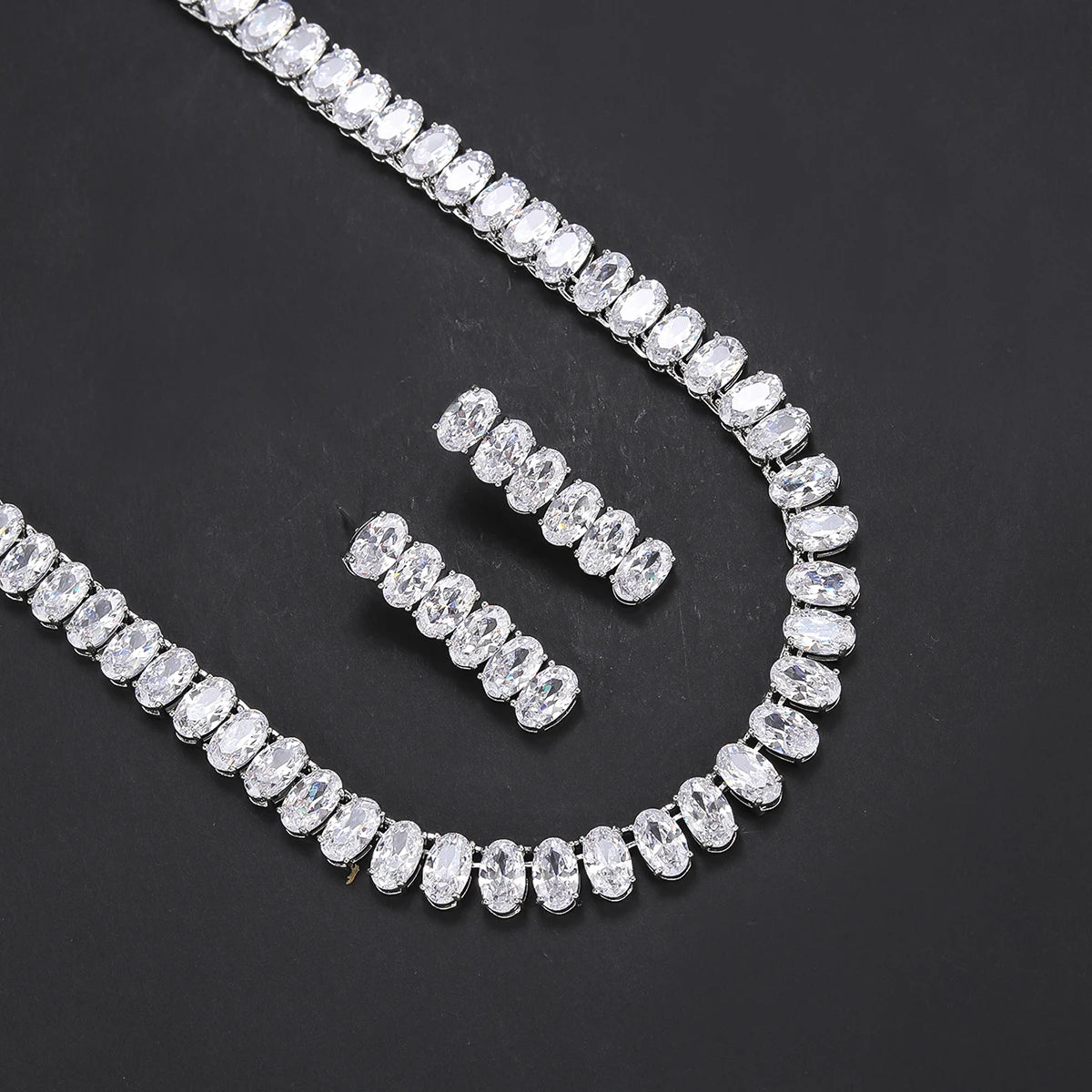 2 Piece Oval Zircon Crystal Bridal Jewelry Set for Women - Elegant Necklace & Earrings Wedding Accessories, Anniversary Gift, Party Jewelry for Bride, Bridesmaid, and Special Occasions