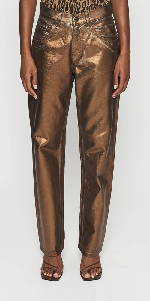 Coated Stretch Baggy Jeans for Women - High Waist Distressed Denim Pants with Copper Finish | Perfect for Casual Outfits, Streetwear & Vintage Looks