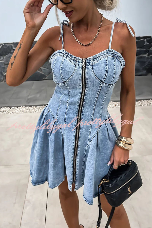 Sweet and Unique Washed Denim Stretch Mini Dress with Center Front Zipper - Perfect for Casual Outings, Date Nights & Summer Parties