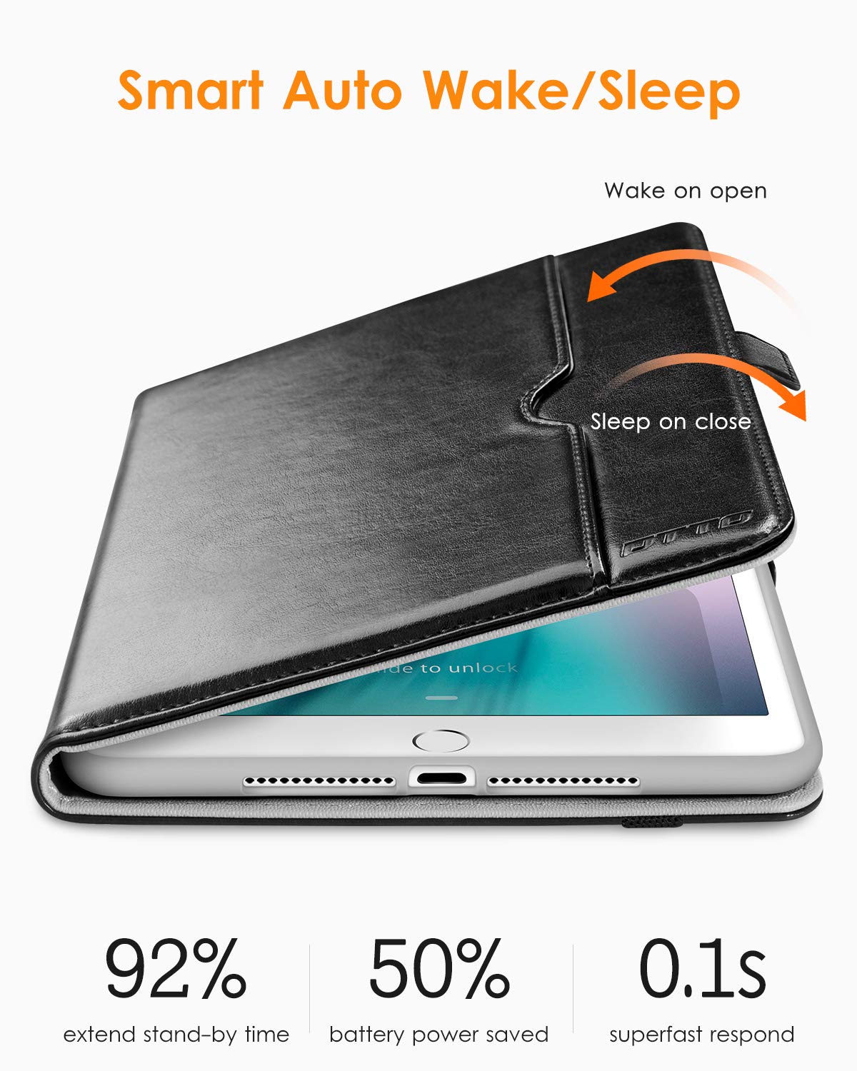 Premium Leather iPad 9.7 Inch Case (5th/6th Gen 2018/2017) with Apple Pencil Holder & Folio Stand - Compatible with iPad Pro 9.7/Air 2/Air - Black - Perfect for Work, Study & Travel Protection