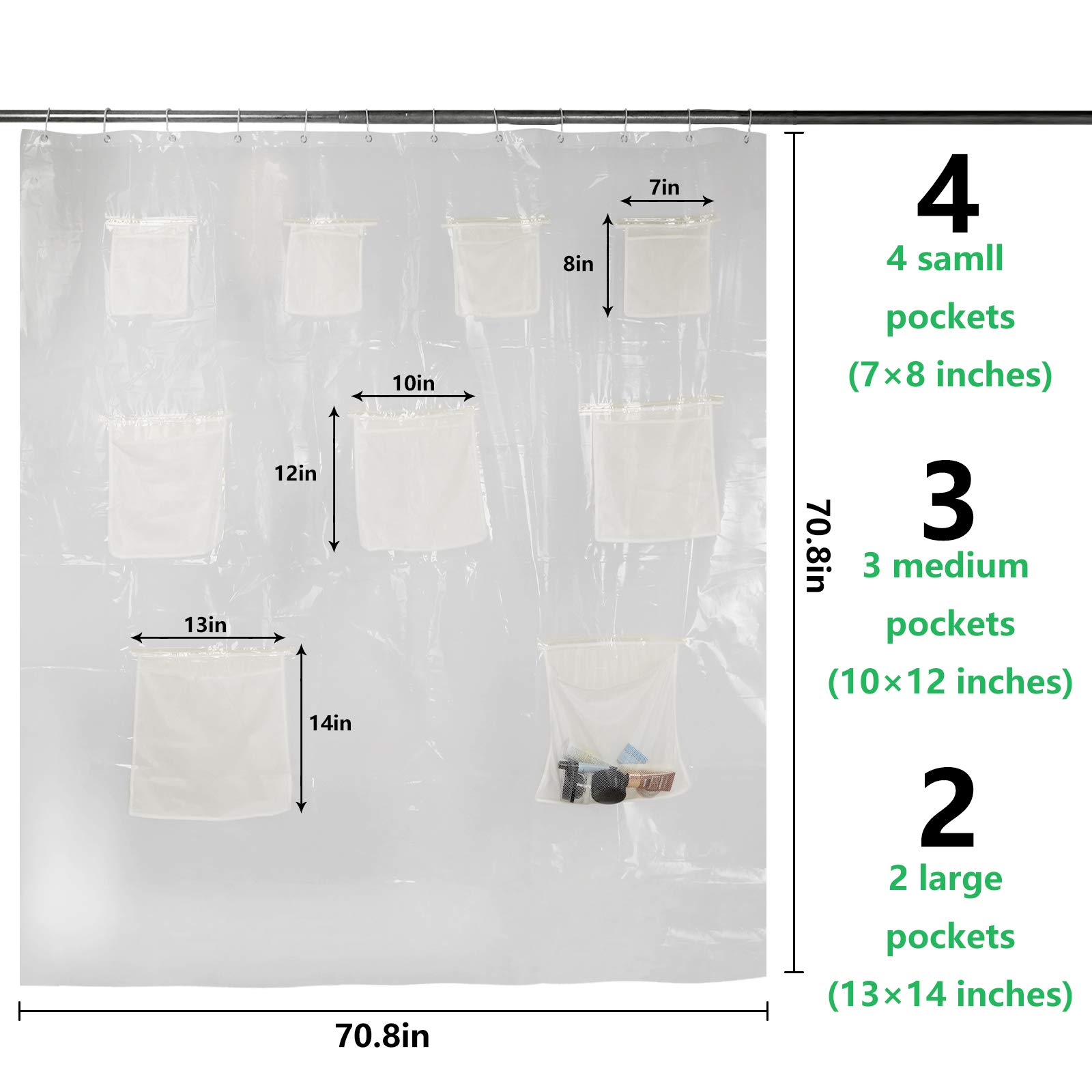 Clear PEVA Plastic Shower Curtain Liner - 71x71 Inch Quick Dry Bathroom Shower Curtain with 9 Storage Pockets for Shower Stall & Bathtub - Perfect for Small Bathrooms, Apartments & Dorm Rooms