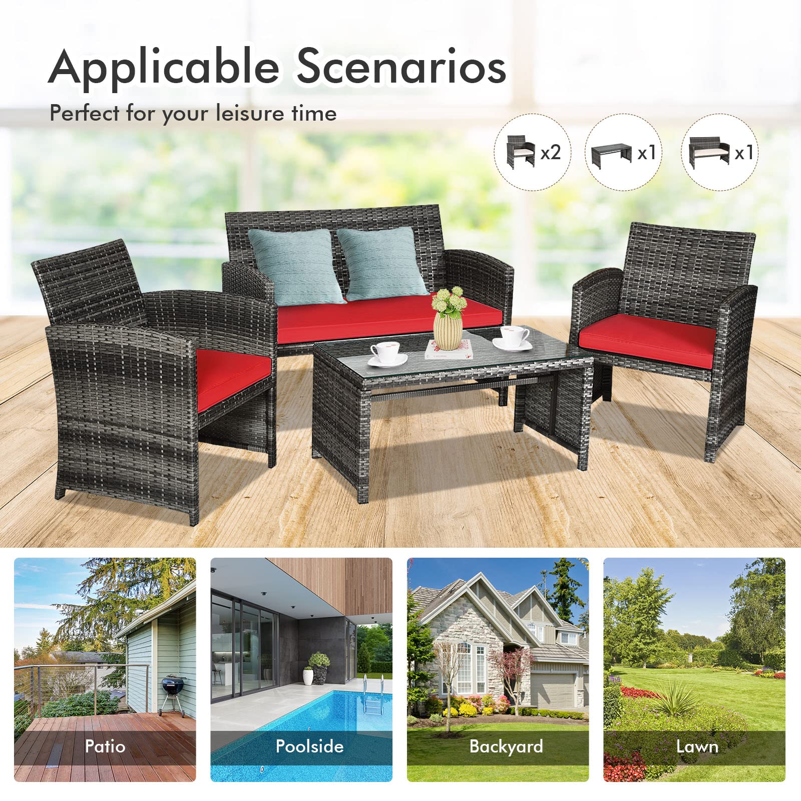 Goplus 4-Piece Rattan Patio Furniture Set - Outdoor Wicker Conversation Sofa with Weather-Resistant Cushions & Tempered Glass Tabletop - Perfect for Lawn, Backyard, Poolside, Garden, or Patio (Red)