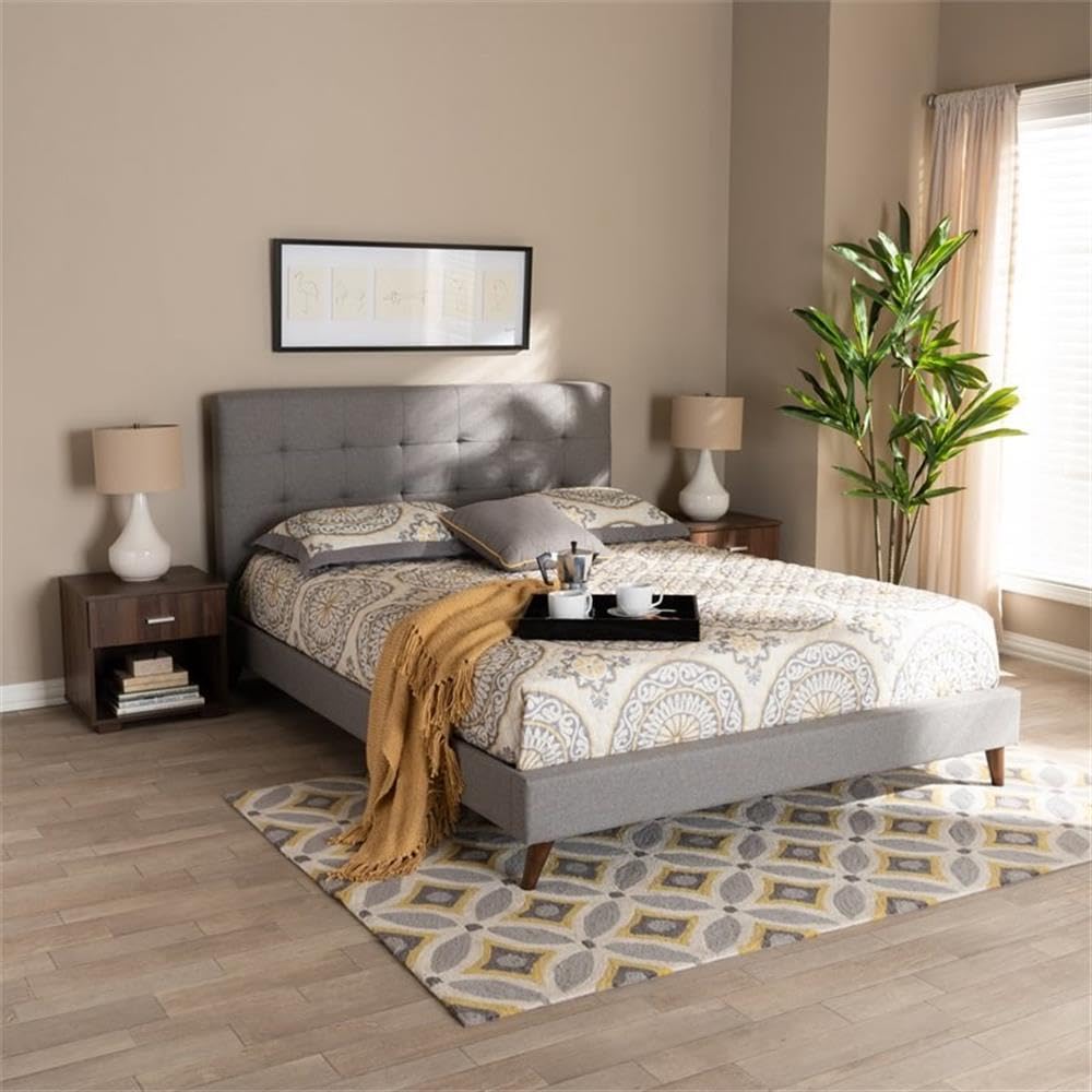 Baxton Studio Queen Size Maren Light Grey Platform Bed with Nightstands - Modern Bedroom Furniture Set for Small Spaces & Guest Rooms