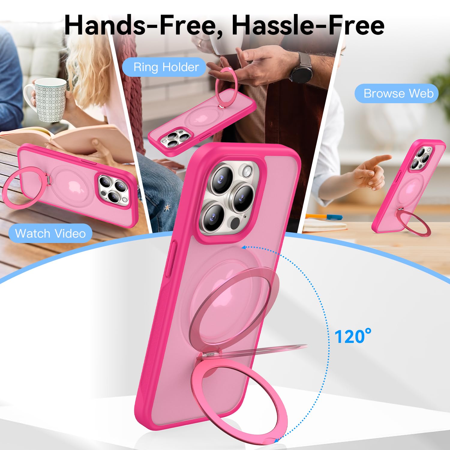 Genuine Magnetic Ring Stand Case for iPhone 15 Pro Max | Military-Grade Drop Protection & MagSafe Compatible | Shockproof Matte Translucent Slim Cover 6.7 Inch 2023 (Rose Red) | Perfect for Work, Travel & Everyday Protection