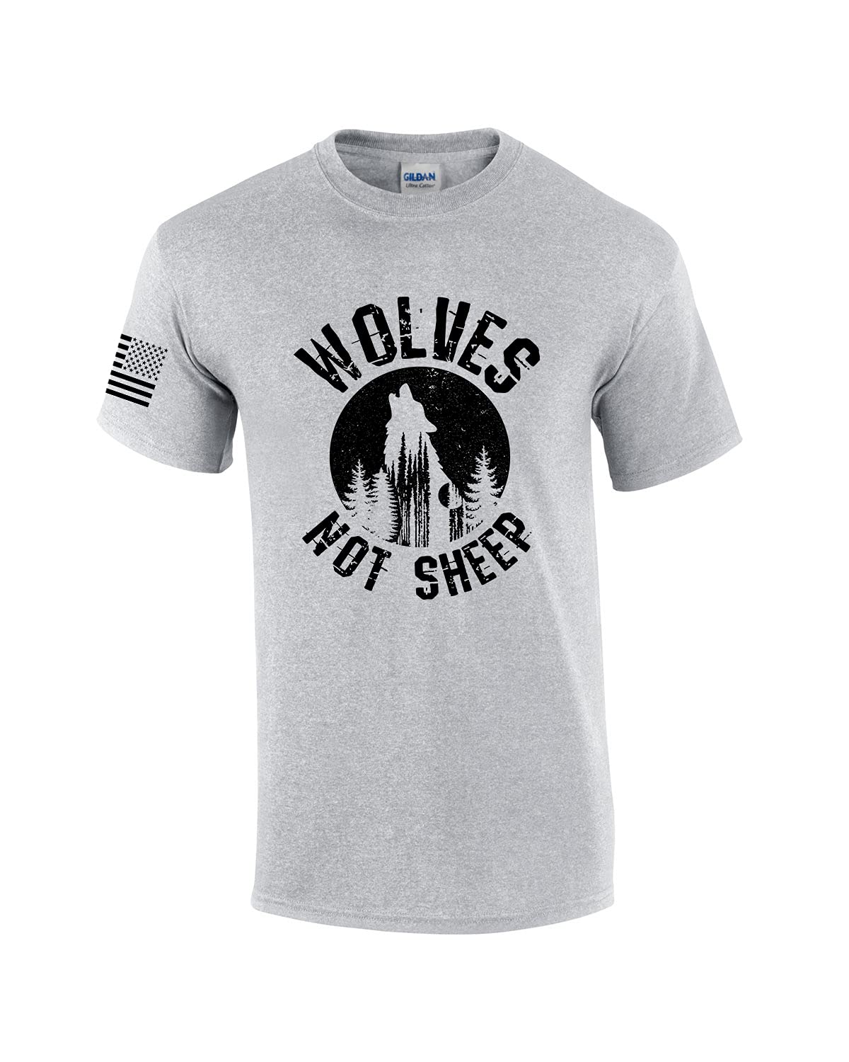 Men's Patriotic American Flag Wolf Howling at Moon Graphic T-Shirt - Wolves Not Sheep Design - Perfect for 4th of July, Veterans Day & Outdoor Adventures