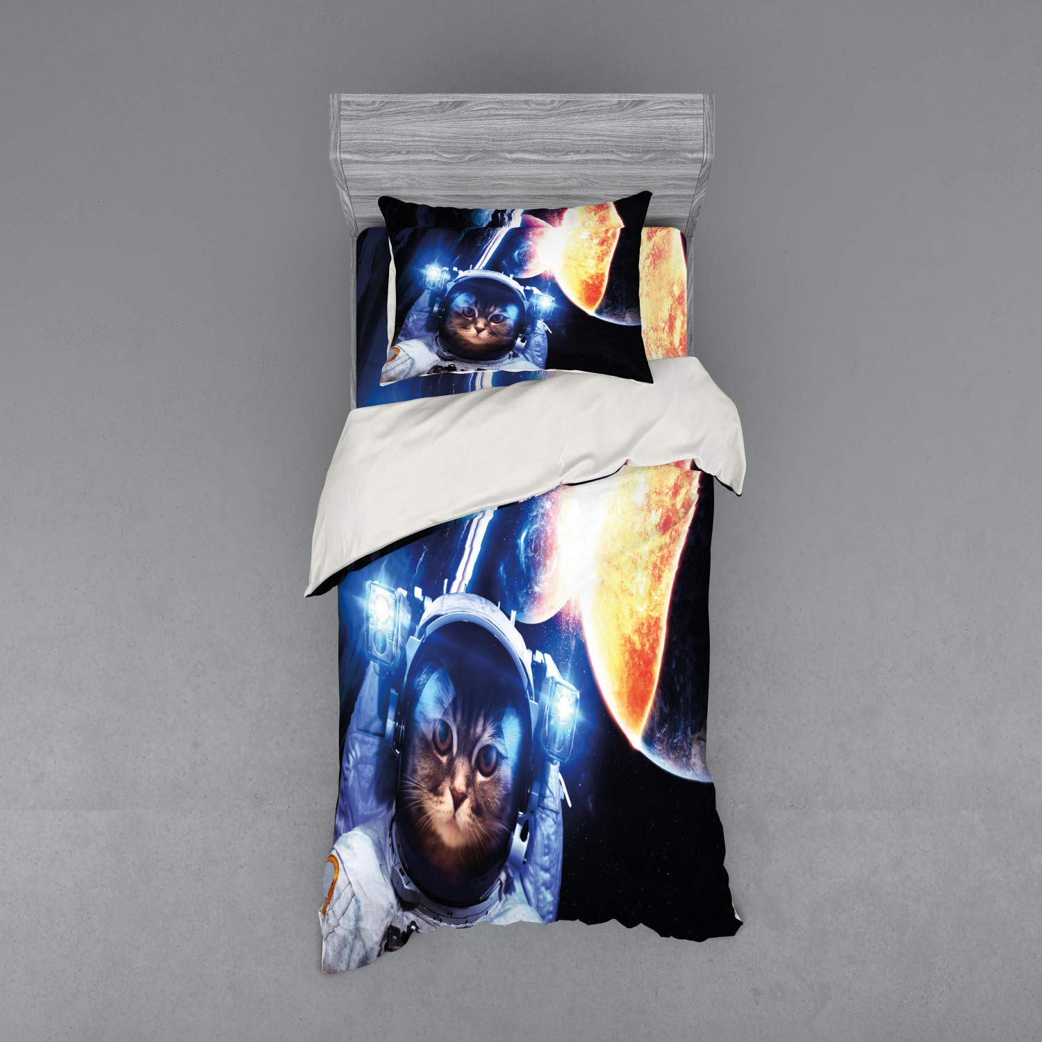 Ambesonne Space Cat Bedding Set - Twin Size 3-Piece Duvet Cover with Sham & Fitted Sheet, White Orange Dark Blue | Cute Kitten in Space Suit with Planets Nebula Supernova Eclipse Design | Perfect for Kids' Rooms, Space Themed Bedrooms & Cat Lovers