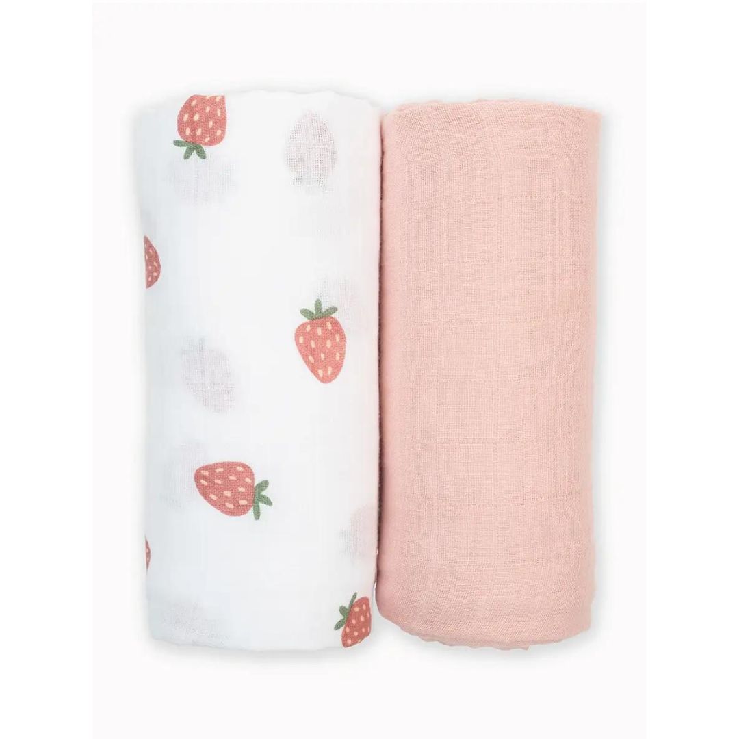 Lulujo 2 Pack Baby Swaddle Blankets - Soft Cotton Strawberry & Ballet Slipper Design for Newborns - Perfect for Nursery, Photo Shoots & Gift Giving