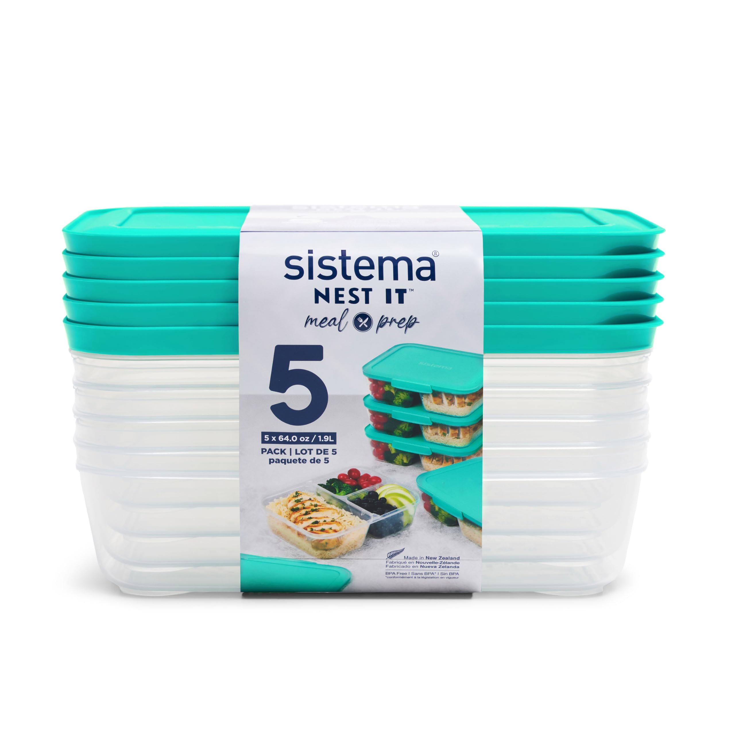 Sistema Nest It Meal Prep Food Storage Containers with Lids - 3 Compartment Bento Box Style - 5-Pack Airtight Containers for Lunch, Office & Meal Prepping - BPA-Free Plastic - Teal Color