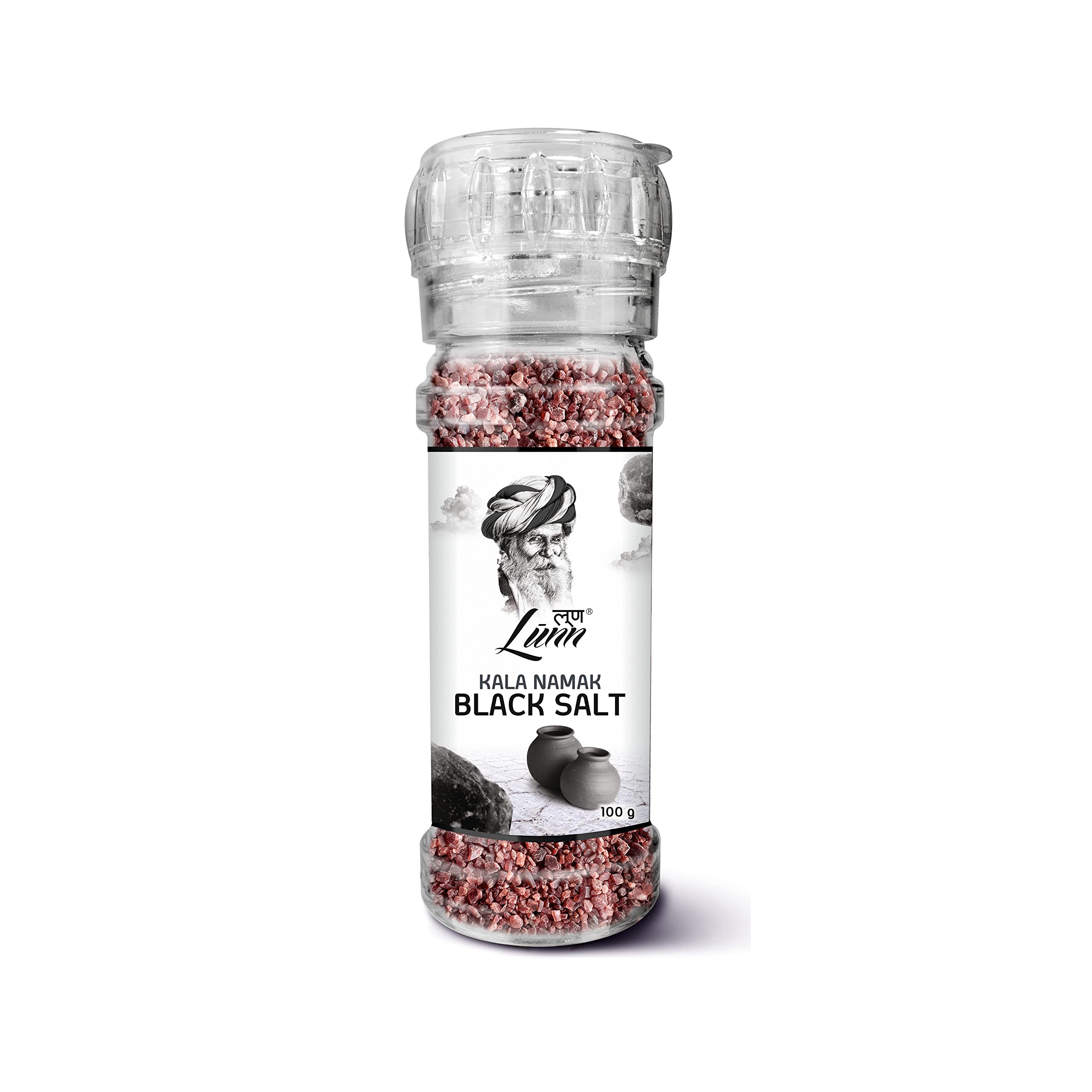 Premium LUNN Natural Crystal Black Salt (Kala Namak) - 4.24 Oz (120g) with Glass Salt Grinder | Authentic Indian Sulfuric Rock Salt for Vegan Cooking, Detox & Ayurvedic Recipes | Perfect for Seasoning, Pickling & Spa Treatments