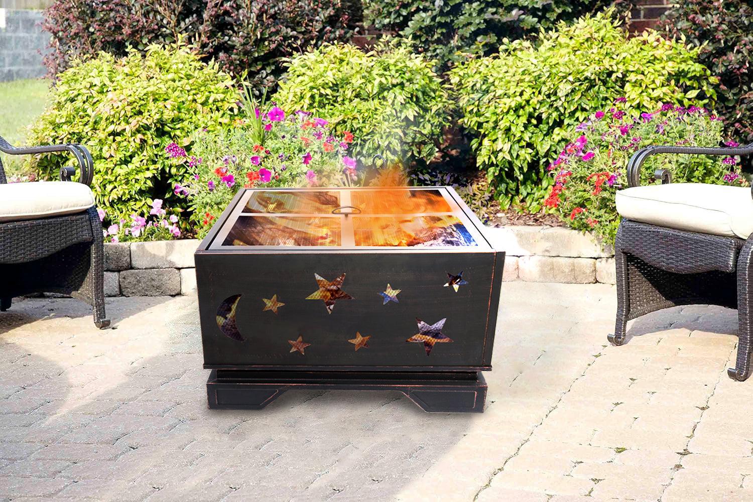26 Inch Square Fire Pit with BBQ Grill - Outdoor Wood Burning Fireplace with Poker Tool, Large Fire Bowl for Patio, Garden, Camping, Backyard & Picnic | Perfect for Bonfires, Roasting Marshmallows & Outdoor Gatherings