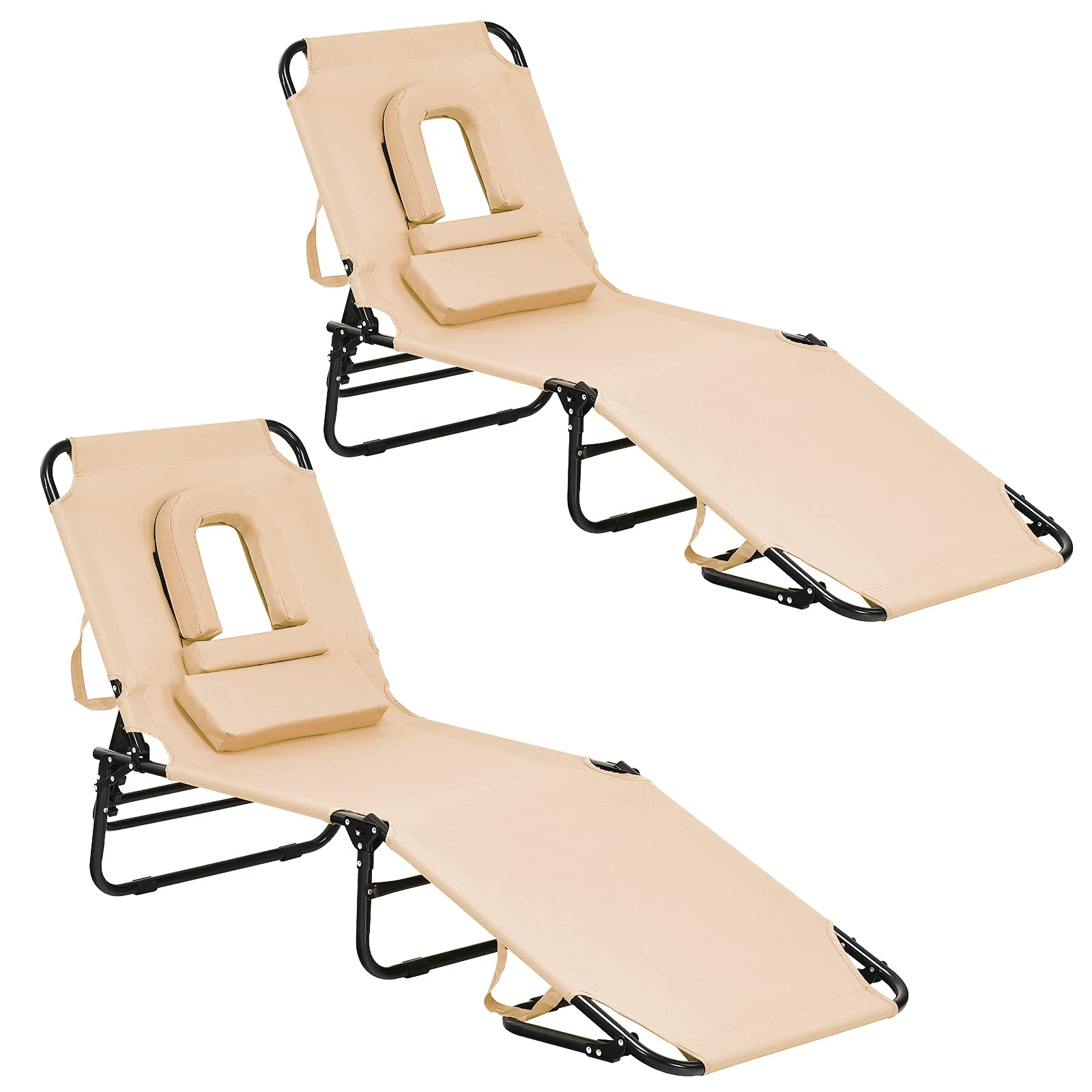 GYMAX Adjustable Folding Beach Lounge Chair - Portable Sunbathing Recliner with Face Hole for Backyard, Poolside & Outdoor Relaxation | Perfect for Beach, Patio, Camping and Vacation Use