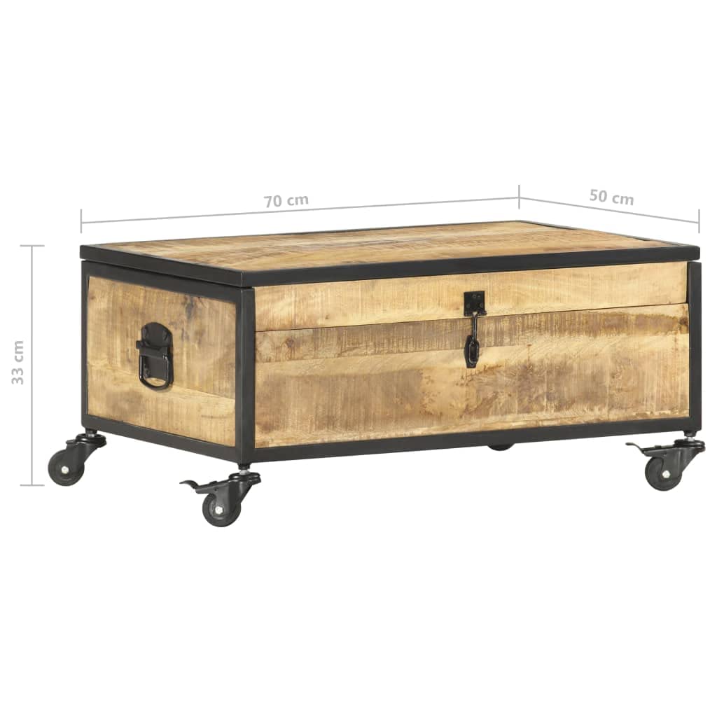 Solid Mango Wood Coffee Table with Wheels - Rectangular Brown Rustic Living Room Furniture - Large Storage Space, Easy Assembly & Durable Design for Home, Office or Outdoor Use