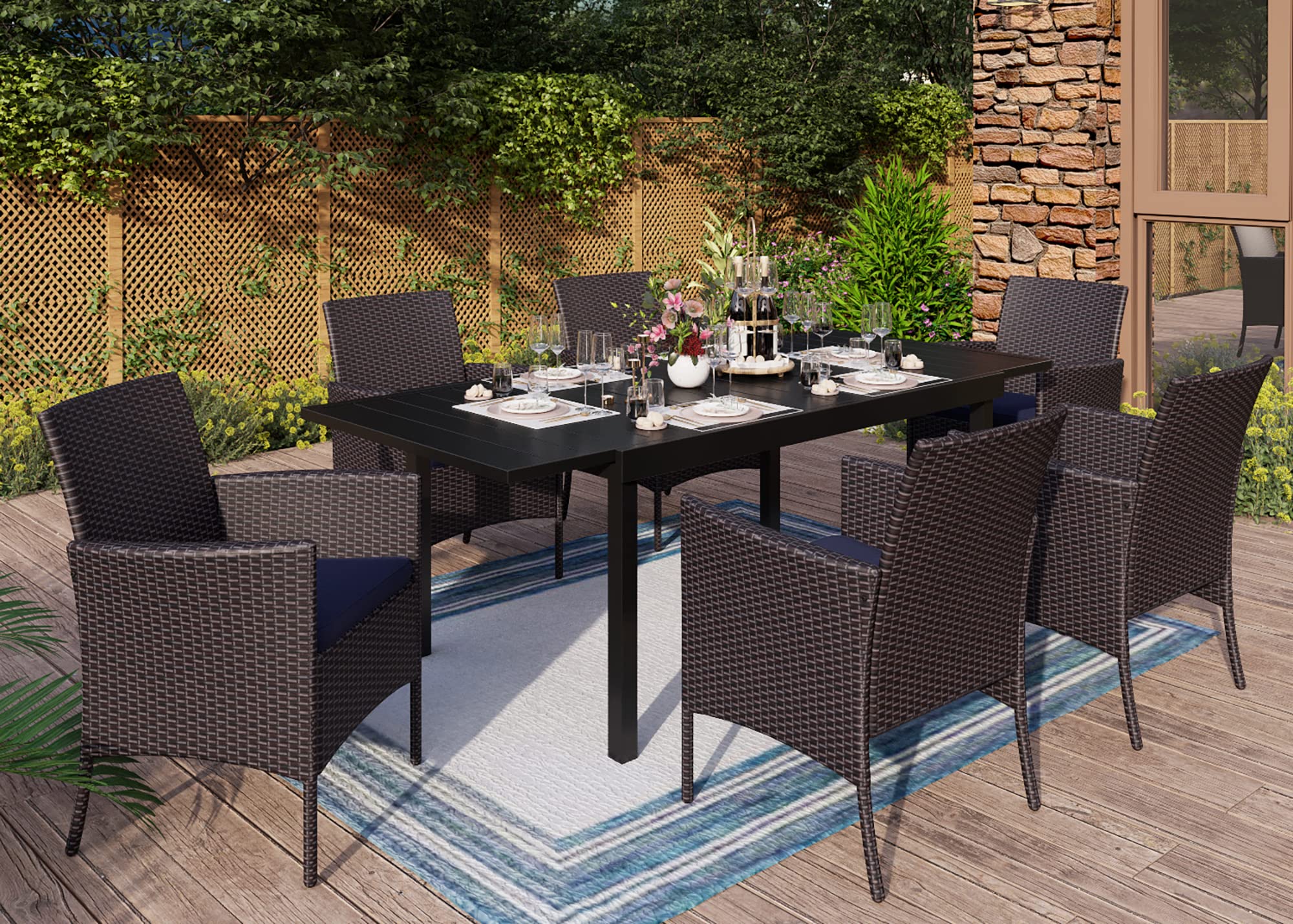 MFSTUDIO 7-Piece Outdoor Patio Dining Set - Extendable Metal Table & Rattan Chairs for 6 - Expandable Garden Furniture for Backyard, Deck, Poolside - Perfect for Outdoor Entertaining & Family Gatherings