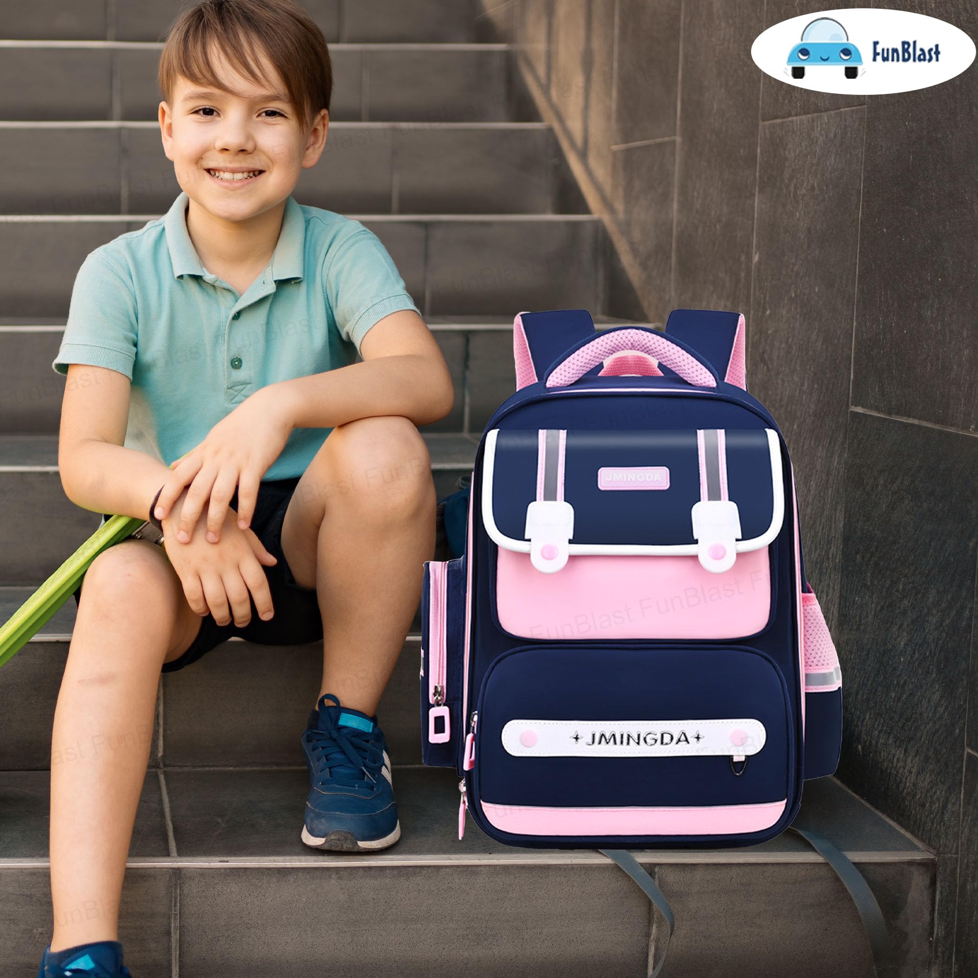 FunBlast Kids Backpack for School & Travel - Lightweight Waterproof Backpack for Boys & Girls with Multiple Pockets & Comfortable Shoulder Straps | Perfect for School, Day Trips, Picnics & Outdoor Activities (Blue-Pink)