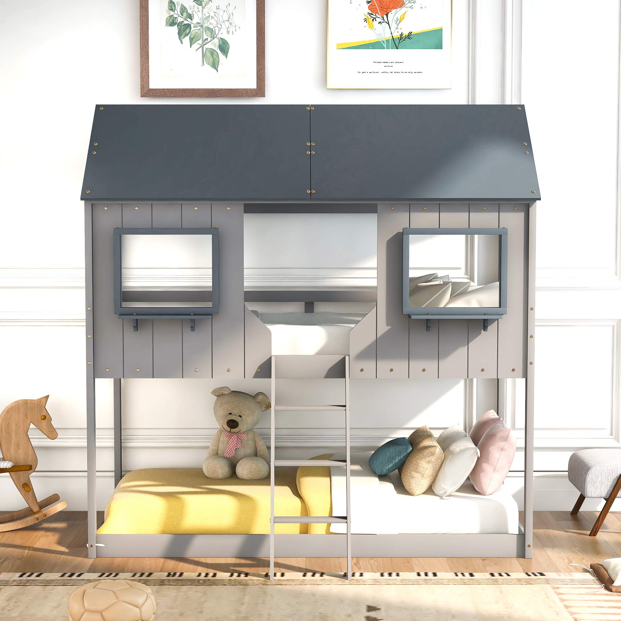 **Kteam Twin Over Twin Bunk Bed with Roof, Window & Guardrail - Sturdy Pine Wood Bunk Bed for Kids & Teens (Gray) - Perfect for Shared Kids' Rooms, Sleepovers & Space-Saving Bedroom Designs**