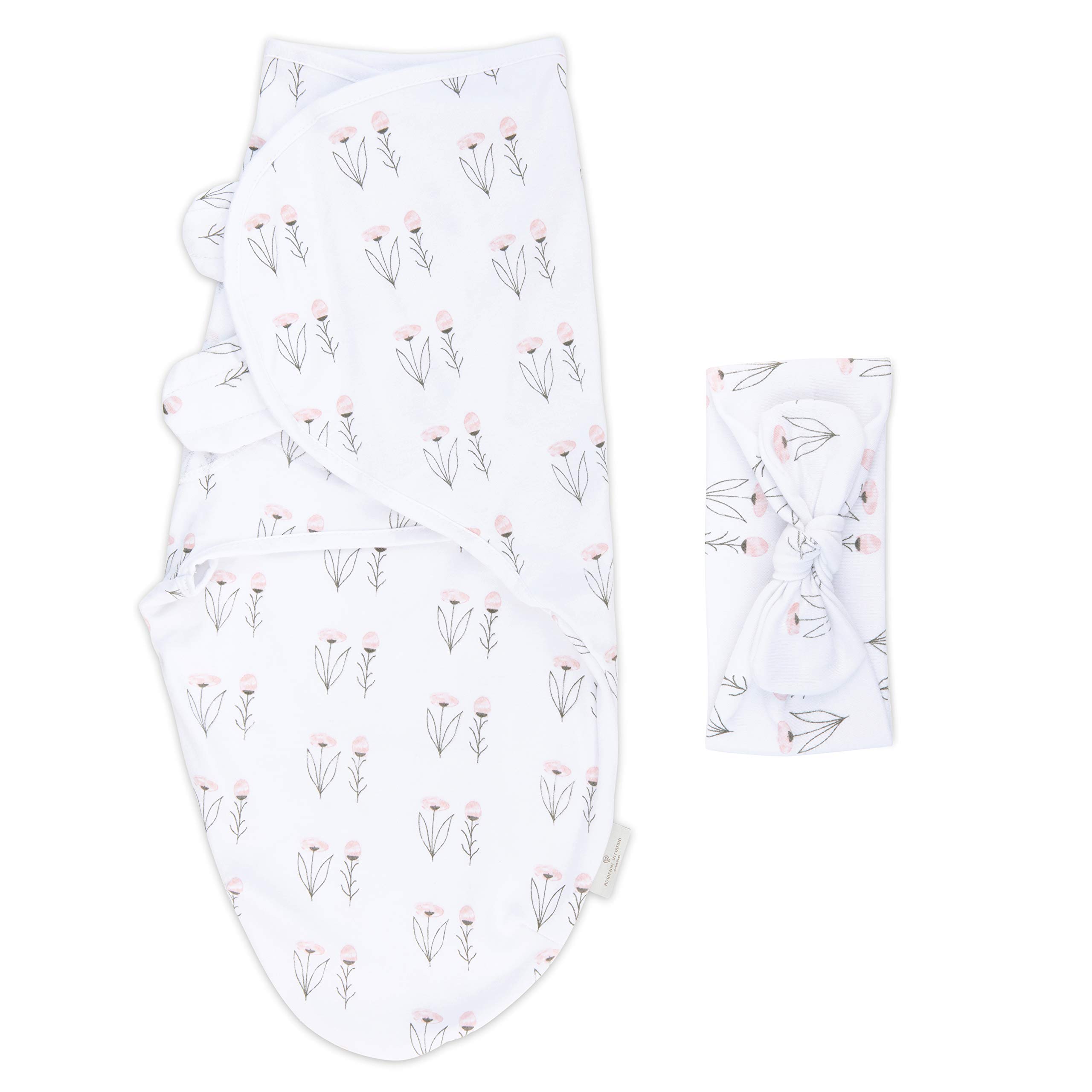 Adjustable Baby Swaddle Wrap & Headband Set - Soft Cotton 0-3 Months, Pink Watercolor Floral Pattern - Perfect for Newborn Photography, Baby Shower Gifts & Cozy Sleep Time