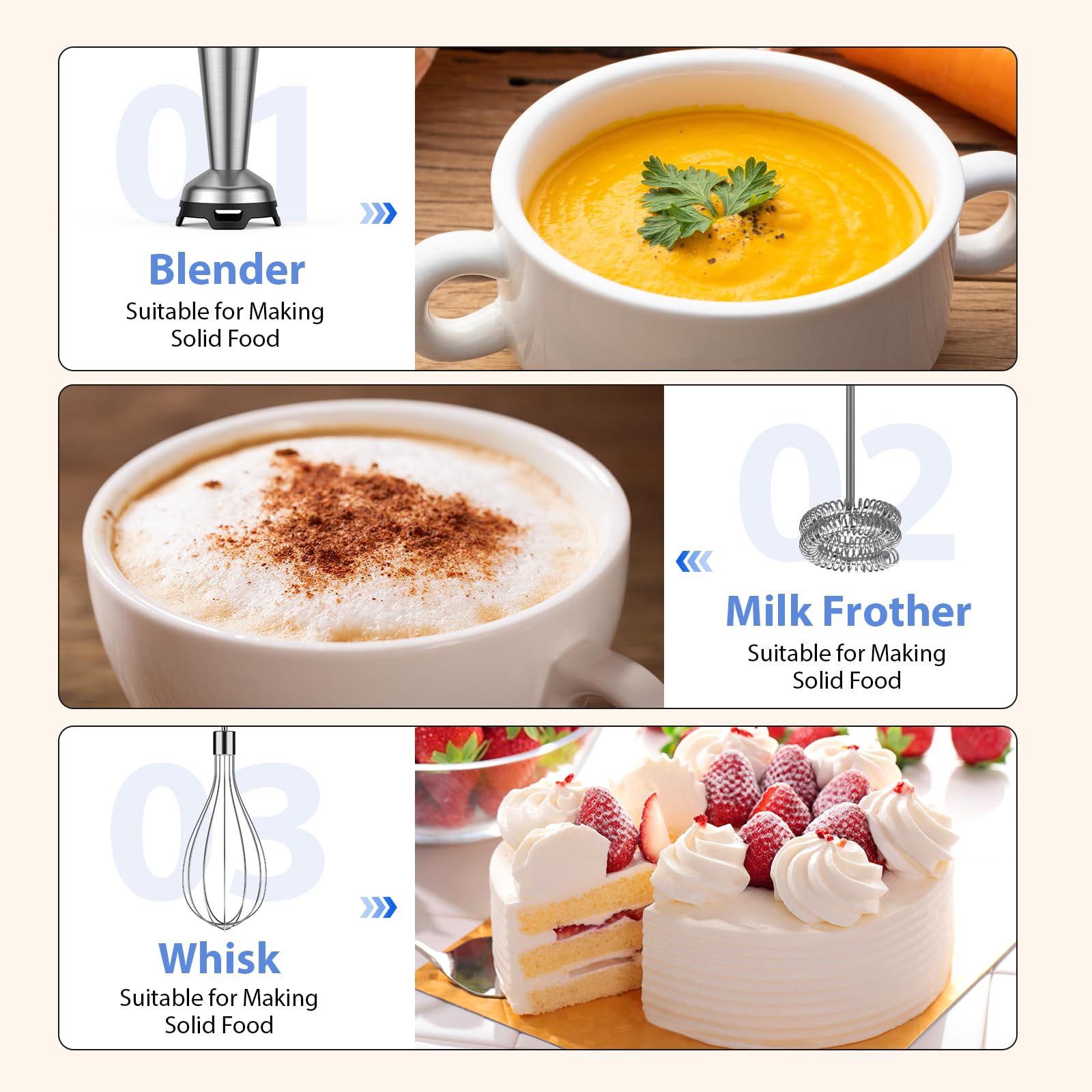 KOIOS 1000W 3-in-1 Immersion Hand Blender with 12 Speed Settings & Turbo Mode - Stainless Steel Anti-Scratch Blade, Whisk & Milk Frother - BPA-Free Black Stick Blender for Smoothies, Soups, Baby Food & Baking