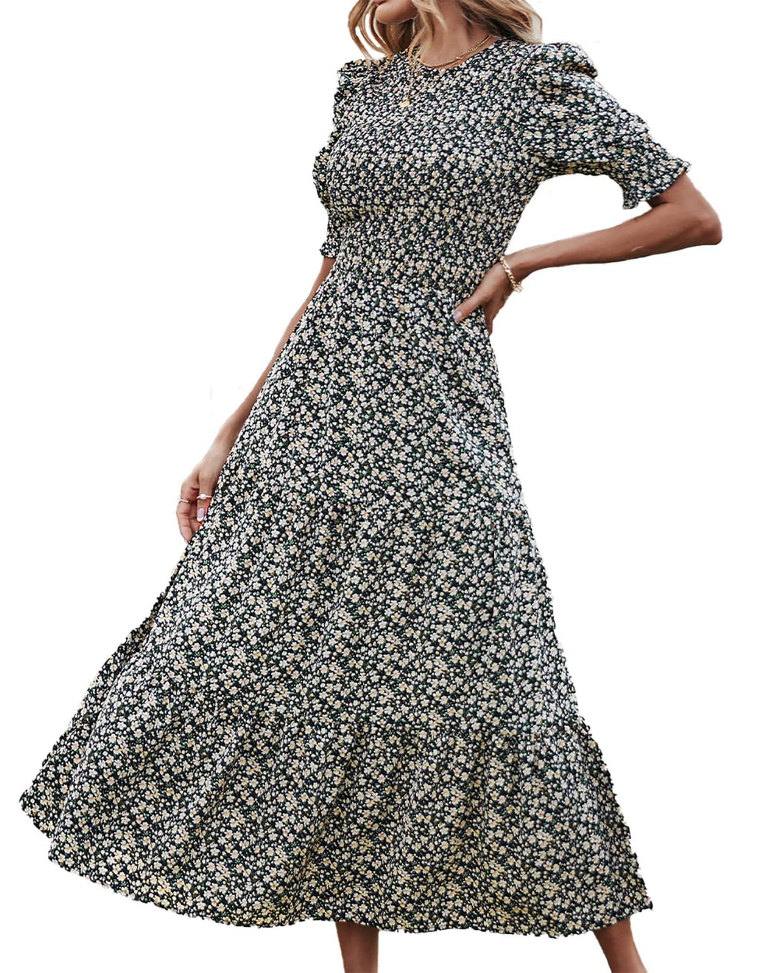 BTFBM Women's Floral Print Boho Maxi Dress - Short Sleeve Ruffle Summer Dress with Smocked Waist | Perfect for Beach Vacations, Music Festivals & Casual Outings