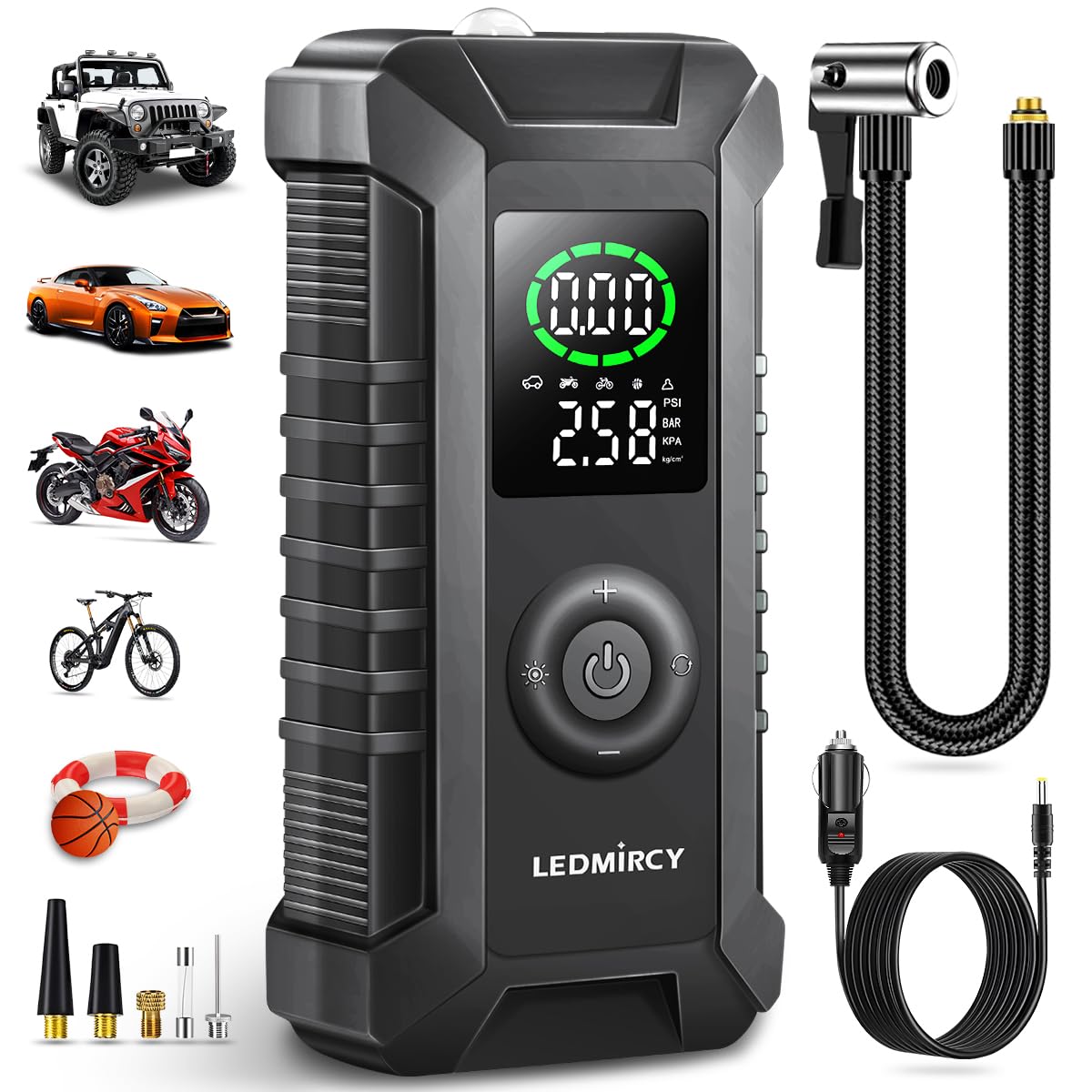 LEDMIRCY 12V DC Portable Tire Inflator Air Compressor with Digital Pressure Gauge - Emergency Car Tire Pump for Cars, Pickup Trucks, Motorcycles & Bicycles | Compact Travel Air Pump for Roadside Assistance & Home Use