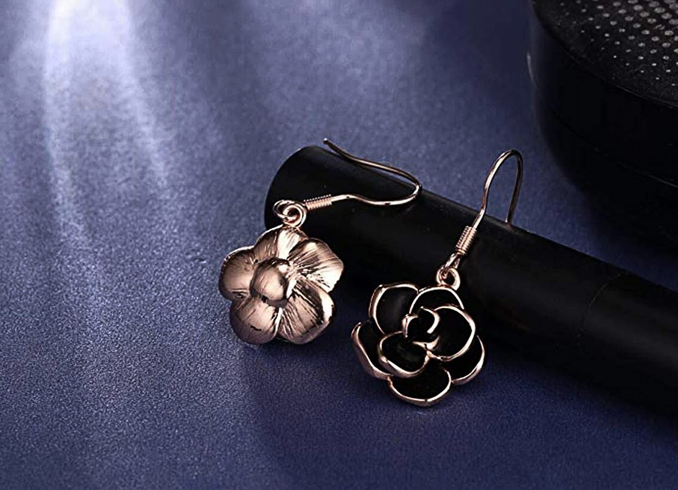 Rose Gold Plated Black Rose Dangle Drop Earrings - Elegant Fashion Jewelry for Women, Perfect for Evening Parties & Date Nights
