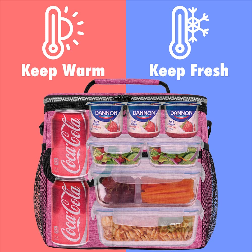 OPUX Insulated Lunch Bag - Leakproof Heather Pink Lunch Box for Work & School, Portable Soft Cooler Bag with Shoulder Strap for Men, Women & Kids - Holds 18 Cans/10L - Perfect for Office, Picnics & Outdoor Activities
